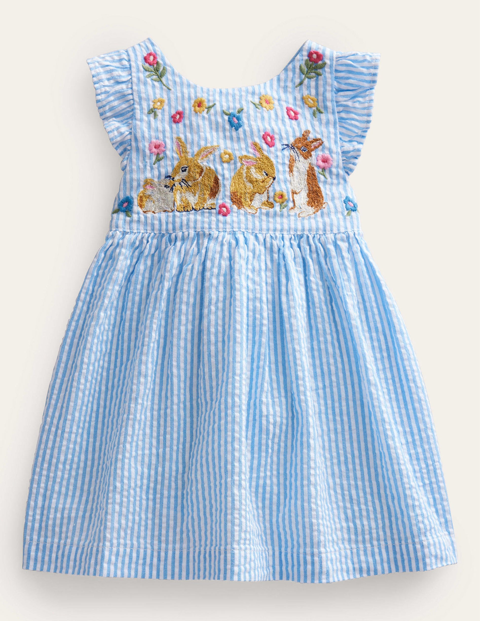 Woven Pinnie Dress-Ivory/Blue Ticking Bunny-1