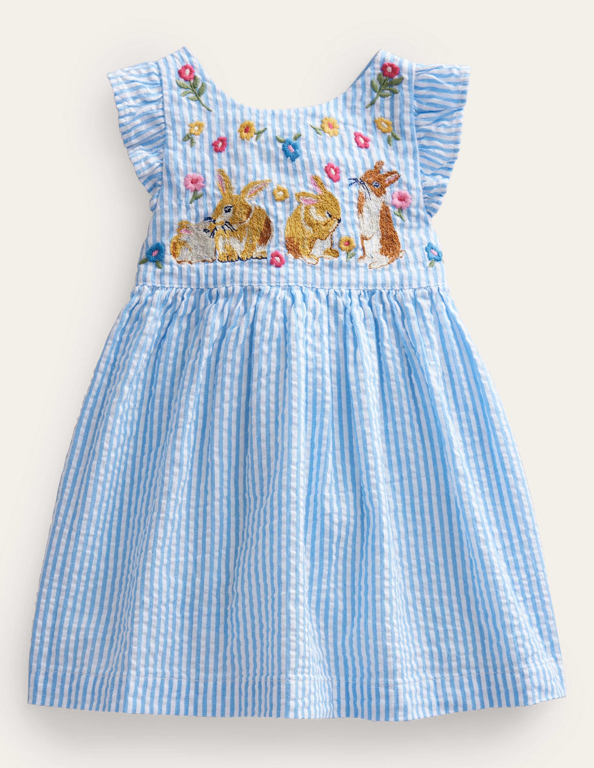 Woven Pinnie Dress-Ivory/Blue Ticking Bunny - Image 1