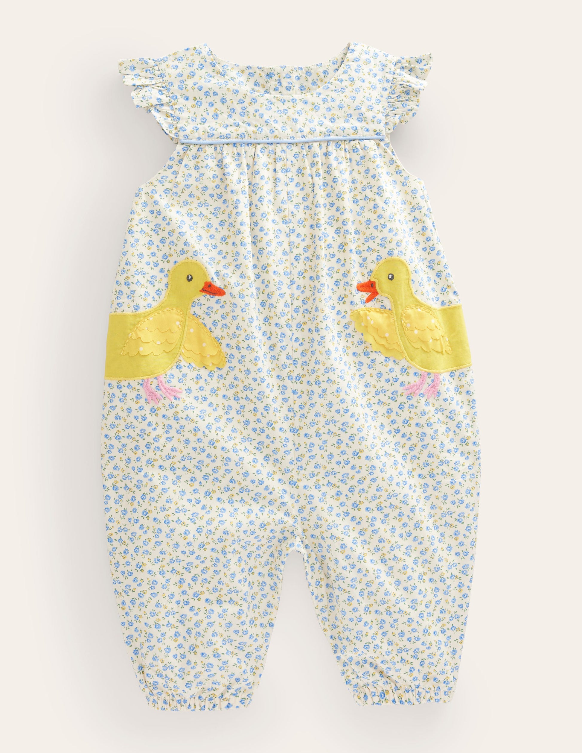 Applique Ruffle Romper-Pale Blue Tiny Rose Chicks-1