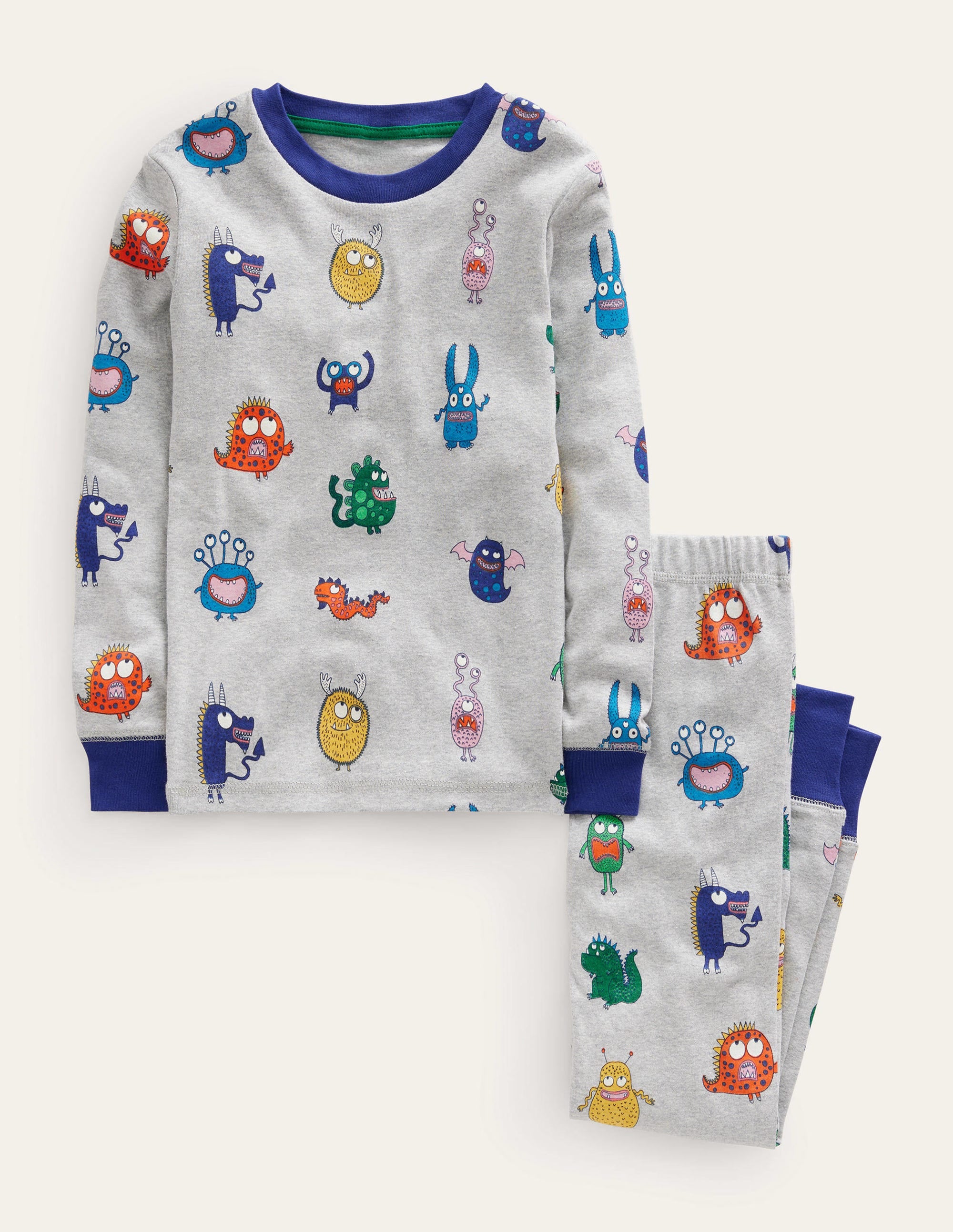 Snug Single Long John Pyjamas-Grey Marl Monsters - Image 1