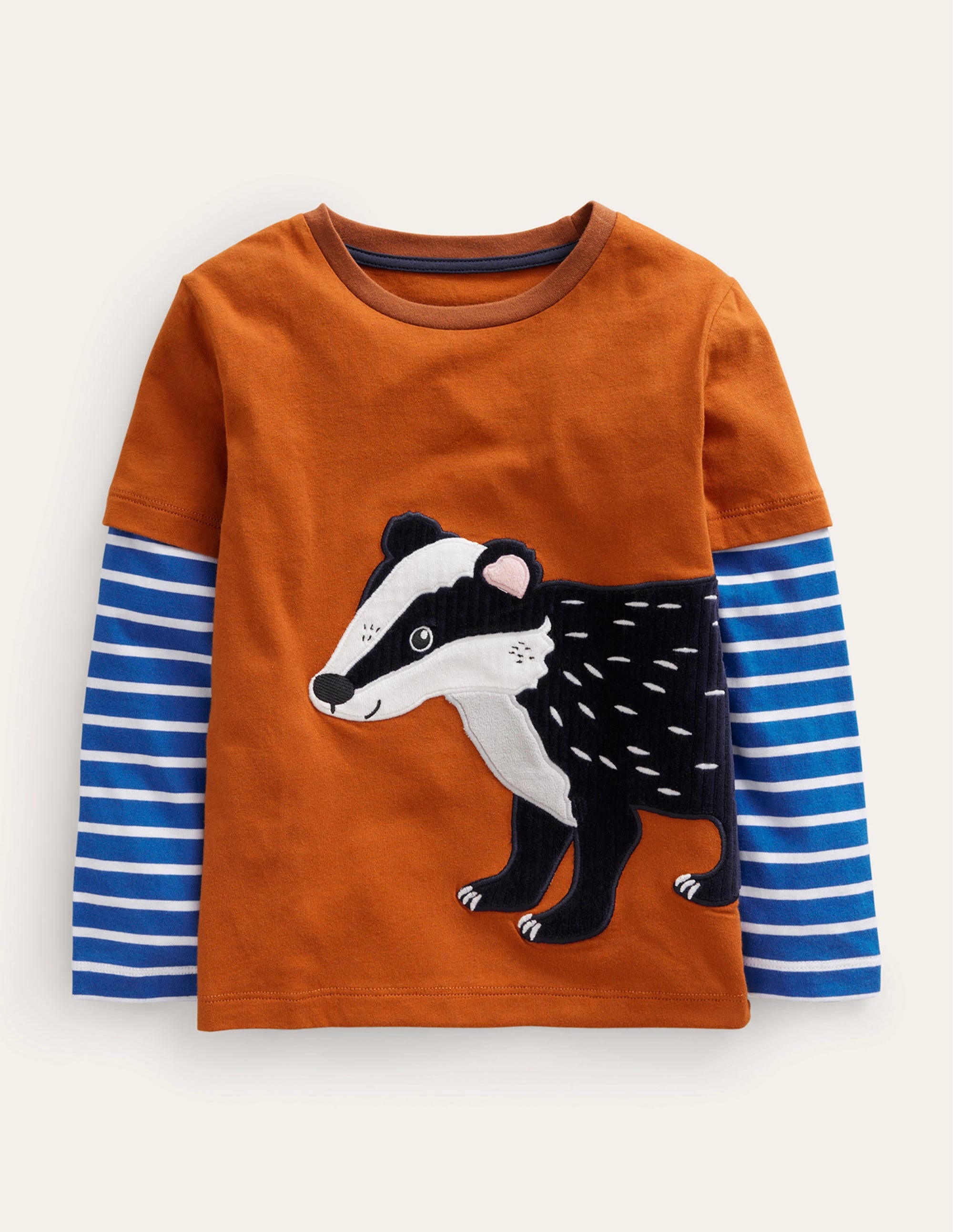 Appliqué Mock Sleeve T-Shirt-Autumn Orange Badger - Image 1