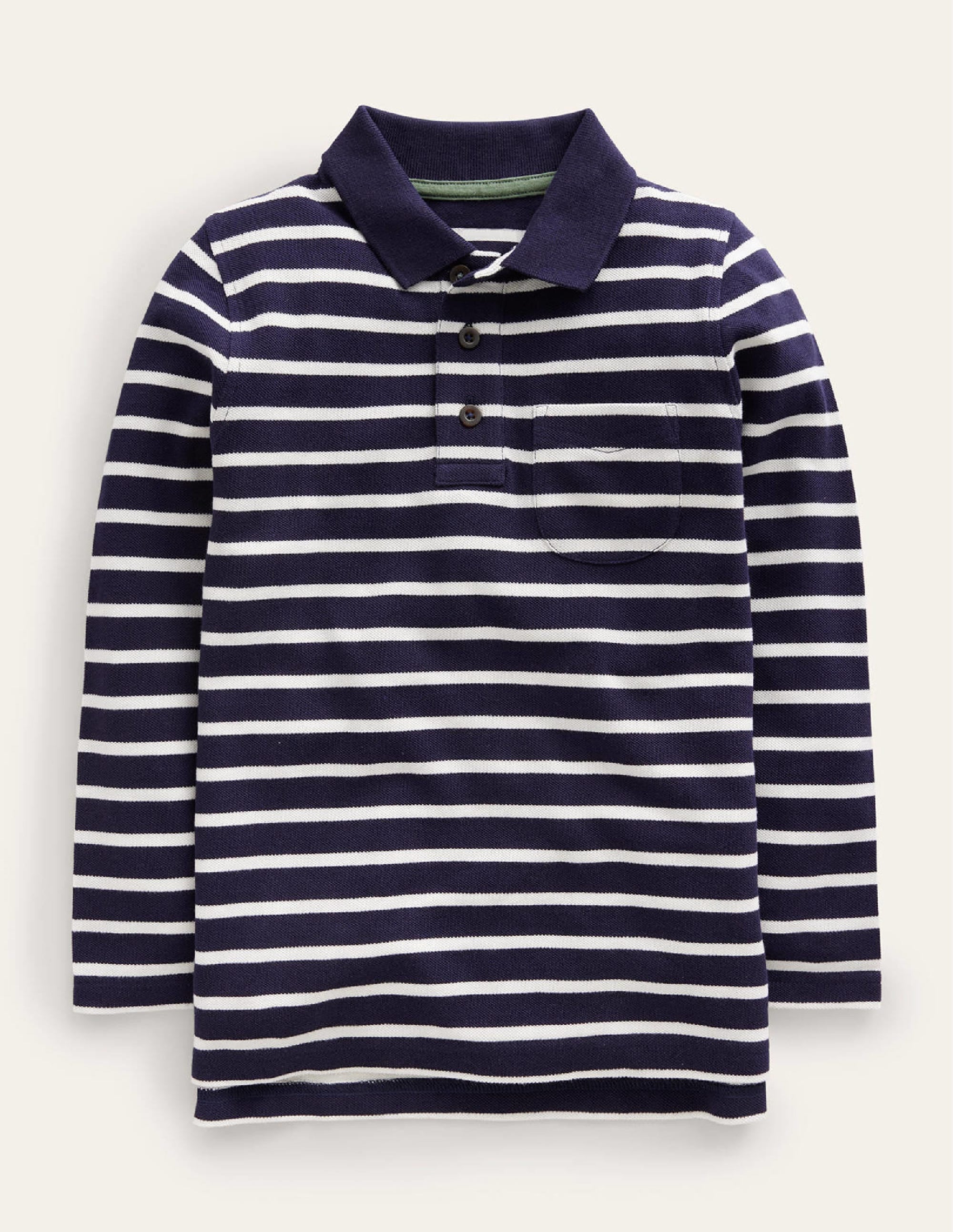 Long Sleeve Pique Polo-Navy/Ivory - Image 1