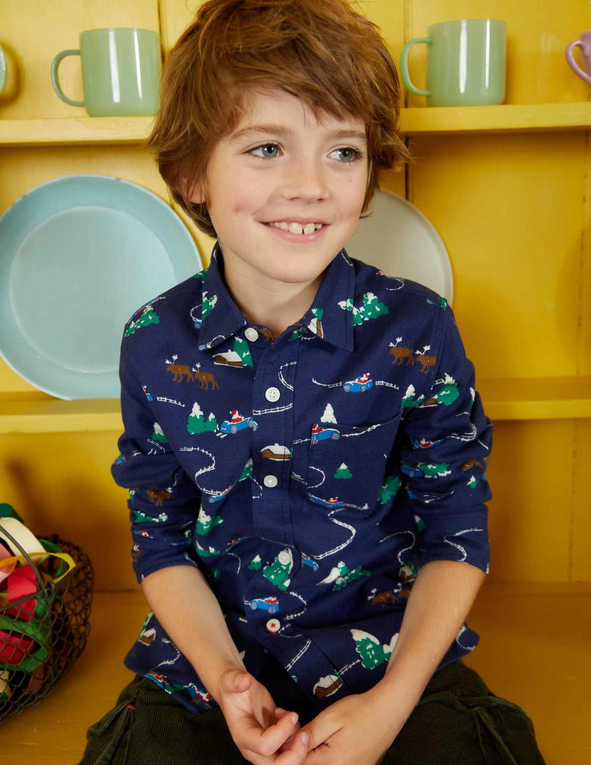 Printed Brushed Flannel Shirt-College Navy Festive Scene - Image 4
