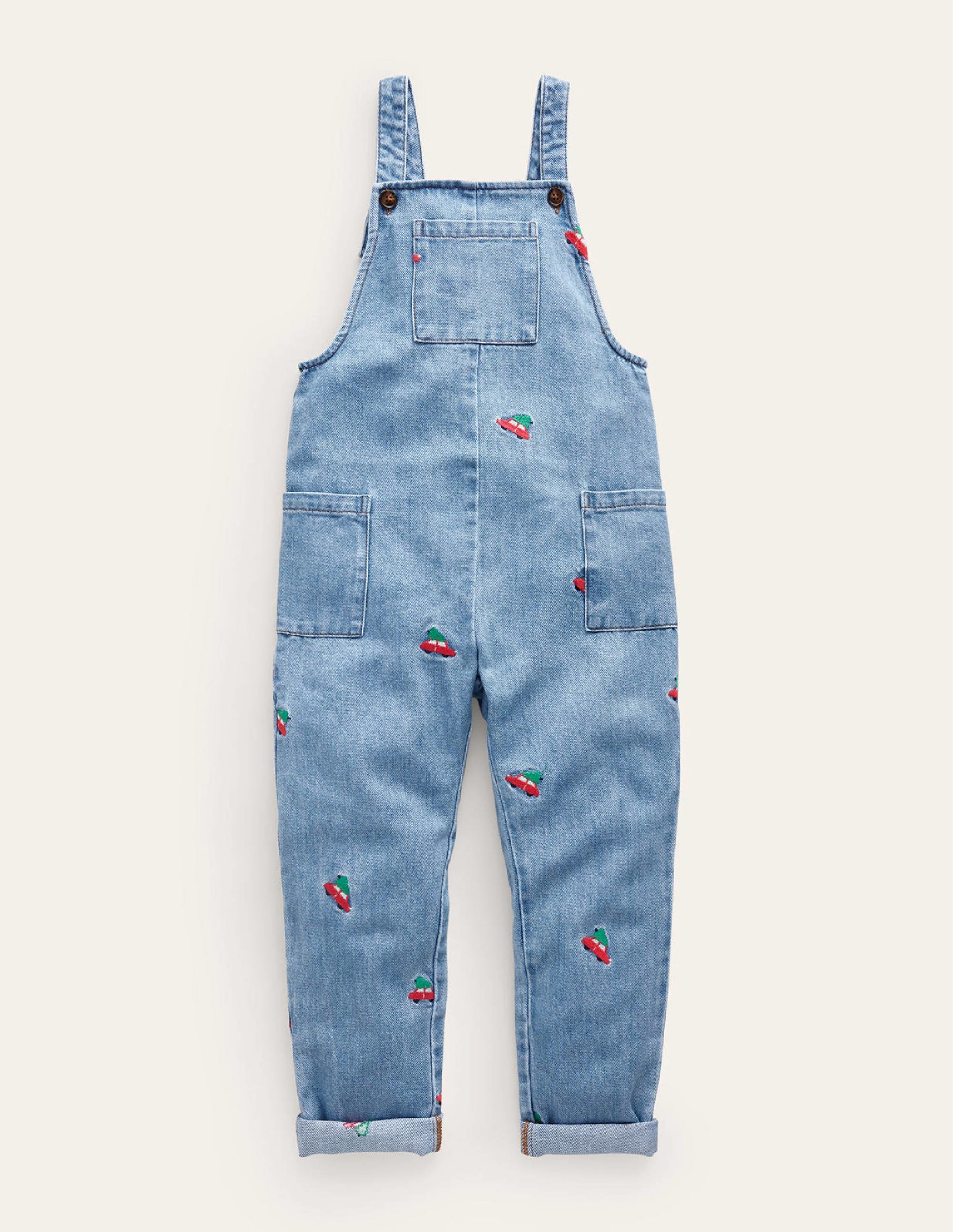 Embroidered Denim Dungarees-Red Festive Car - Image 1