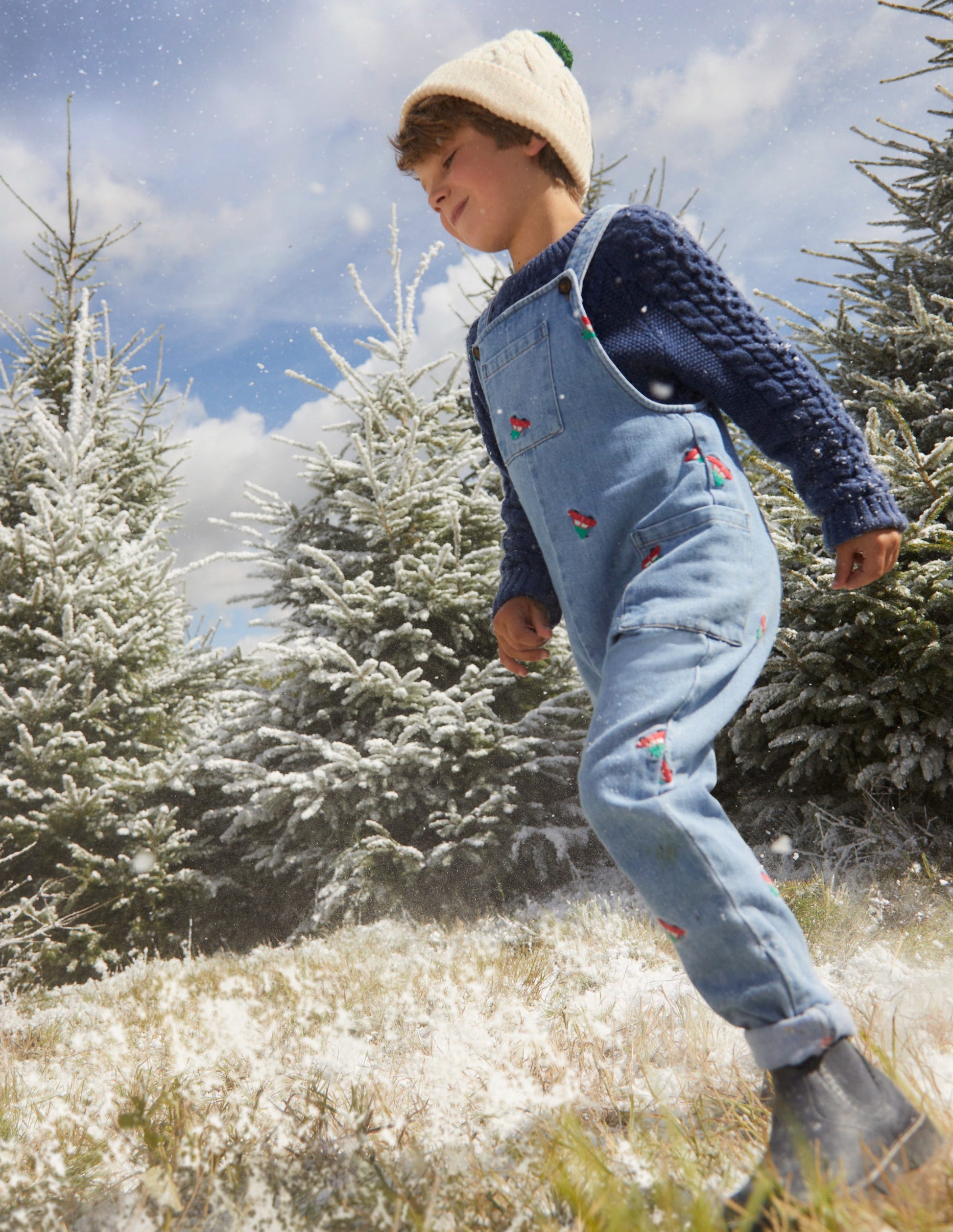 Embroidered Denim Dungarees-Red Festive Car-4