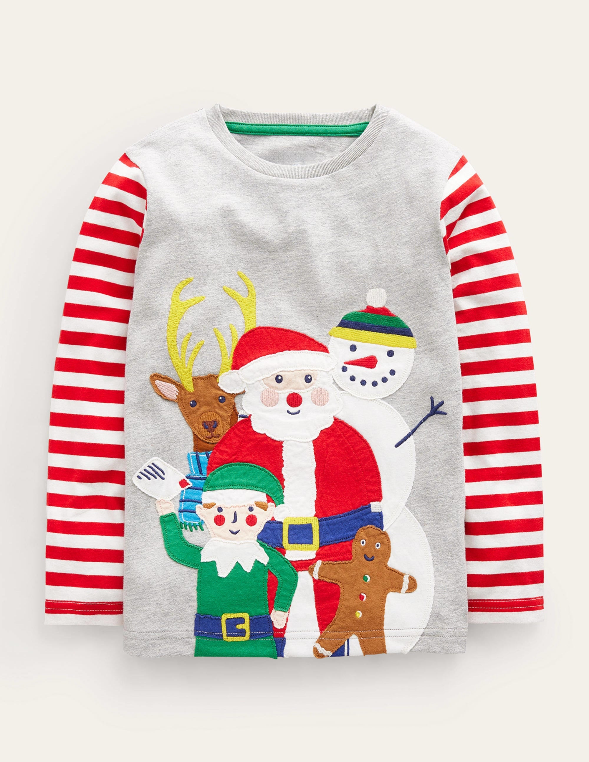 Festive-Appliqué T-shirt-Grey Marl Santas Friends - Image 1