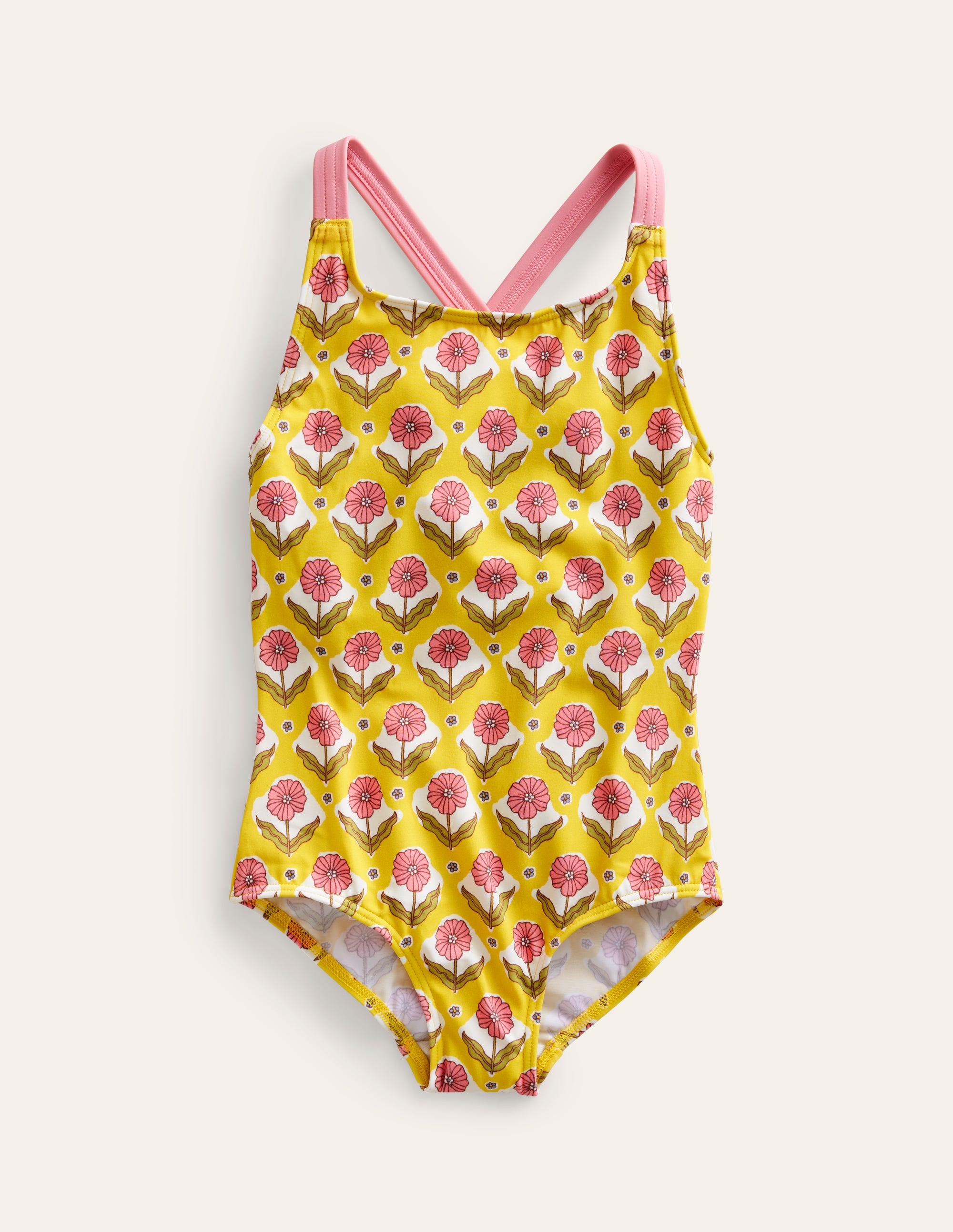 Cross-back Printed Swimsuit-Sweetcorn Woodblock Flower - Image 1