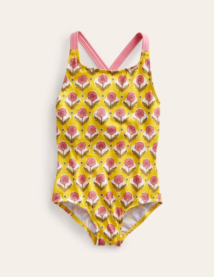 Cross-back Printed Swimsuit-Sweetcorn Woodblock Flower