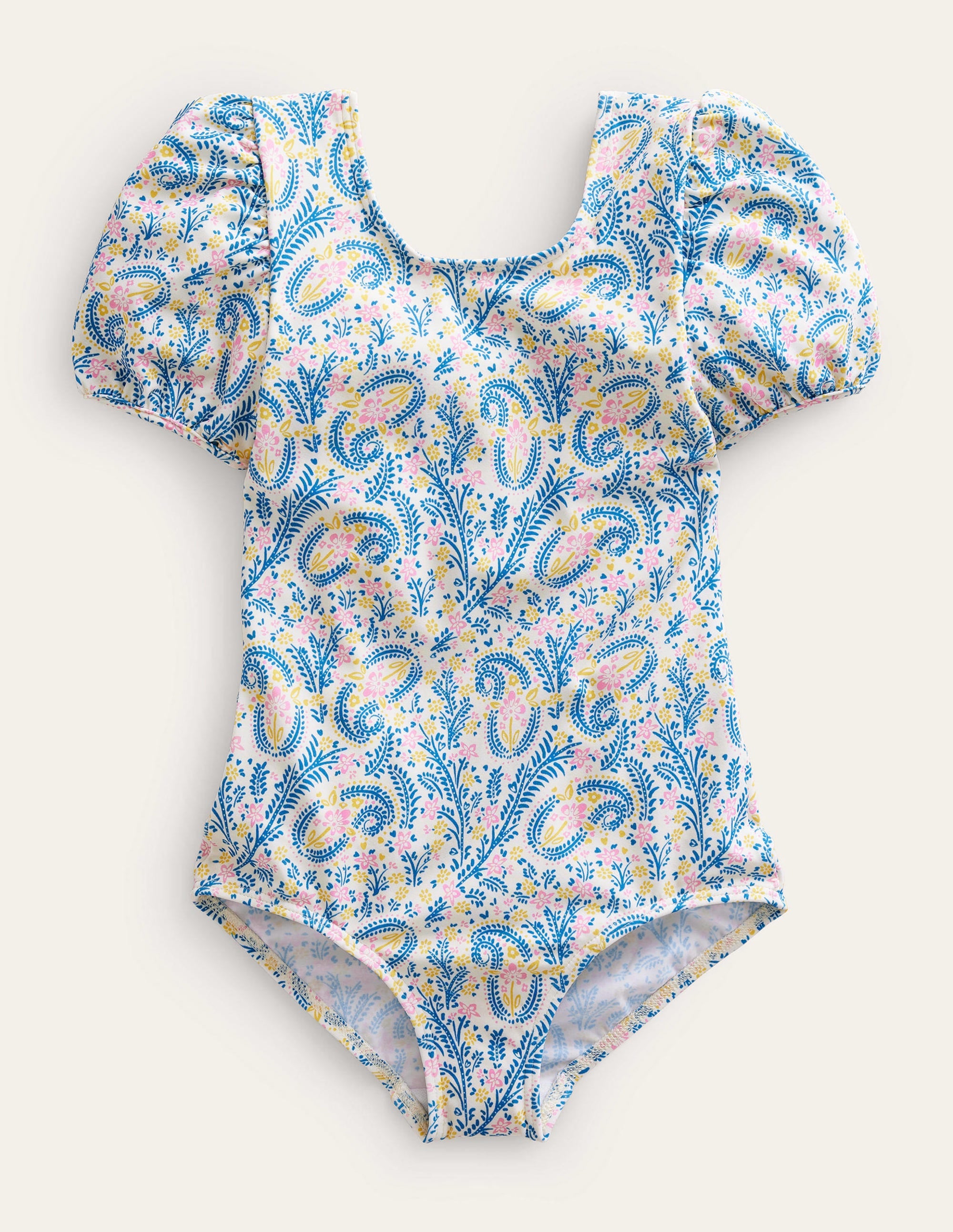 Printed Puff-sleeved Swimsuit-Ivory Paisley - Image 1