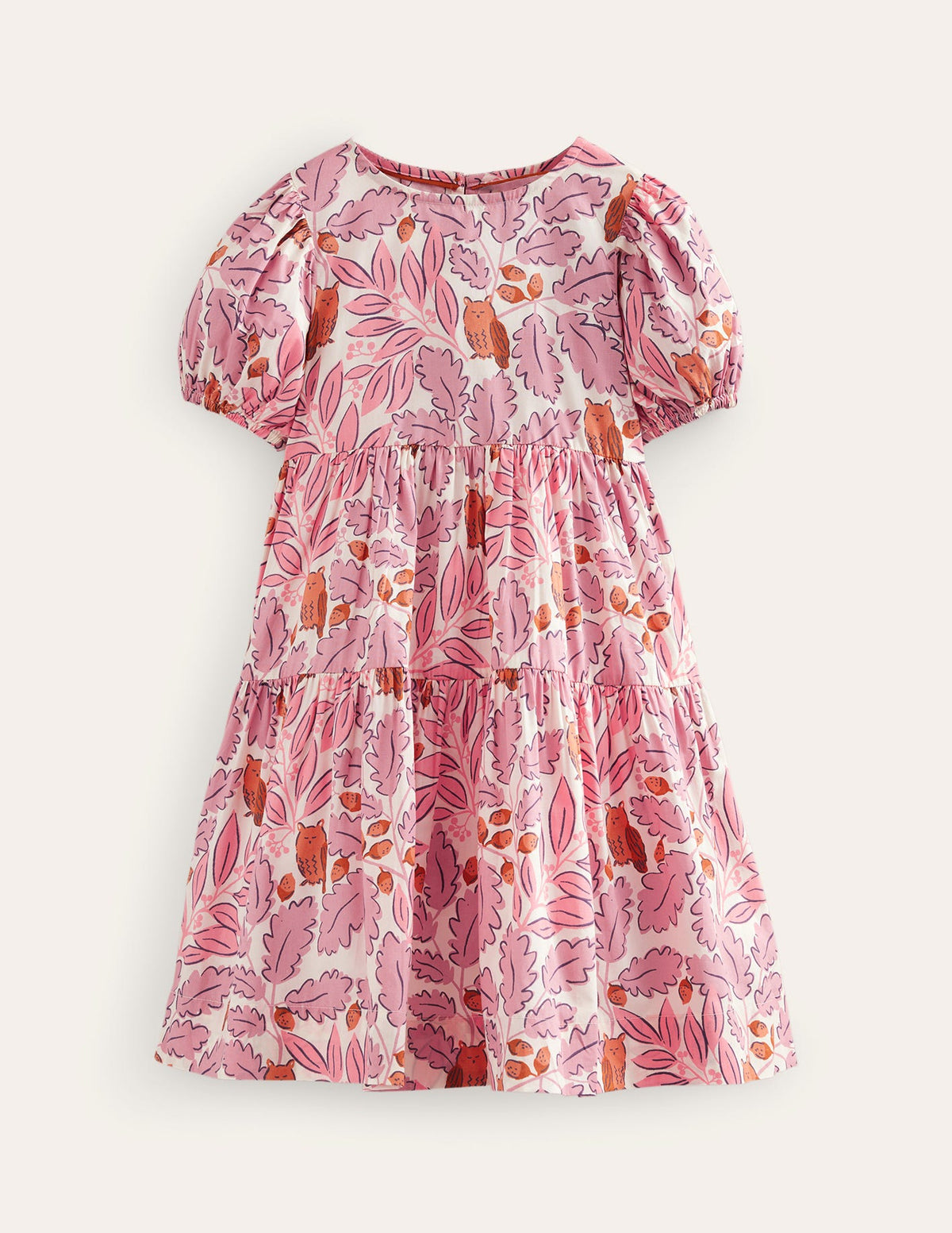 Tiered Printed Cotton Dress-Almond Pink Leaves-1