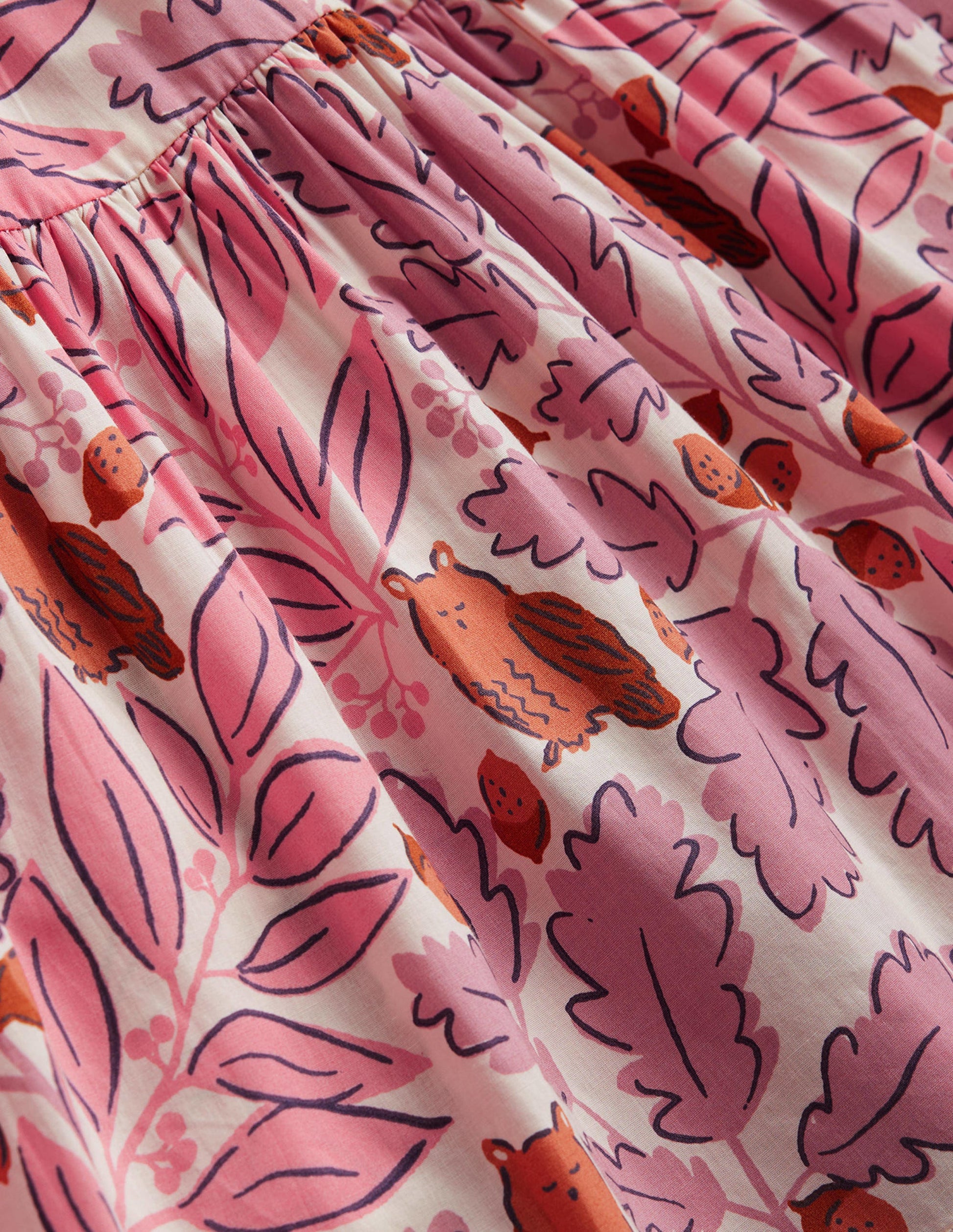 Tiered Printed Cotton Dress-Almond Pink Leaves-3