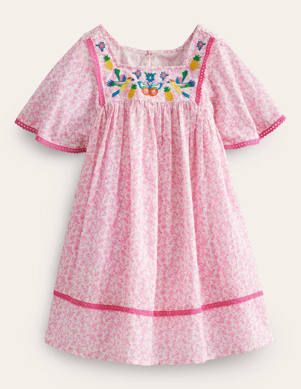 Embroidered Floaty Dress-Festival Pink Summer Vine - Image 1