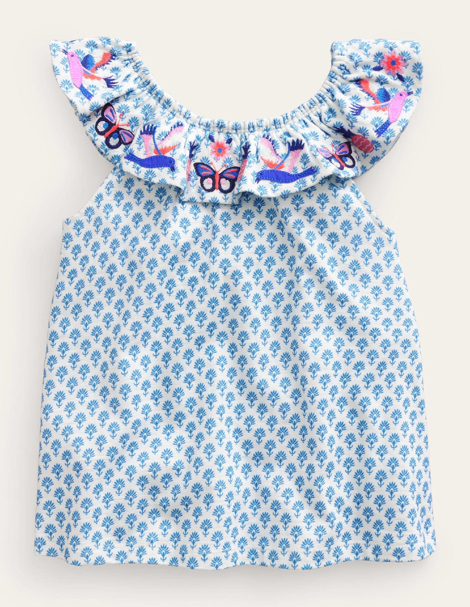 Frill Embroidered Top-Blue Woodblock Butterflies-1