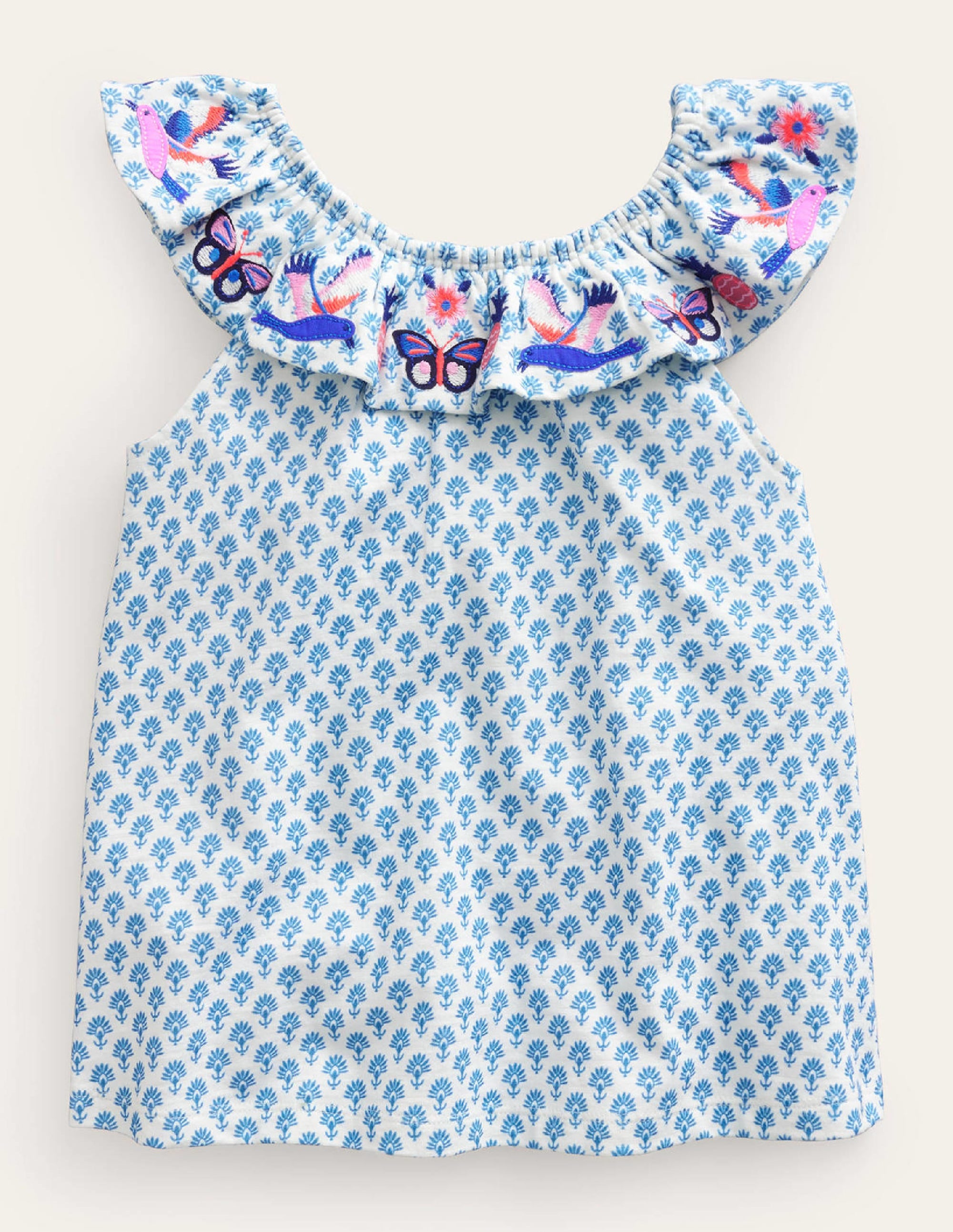 Frill Embroidered Top-Blue Woodblock Butterflies - Image 1
