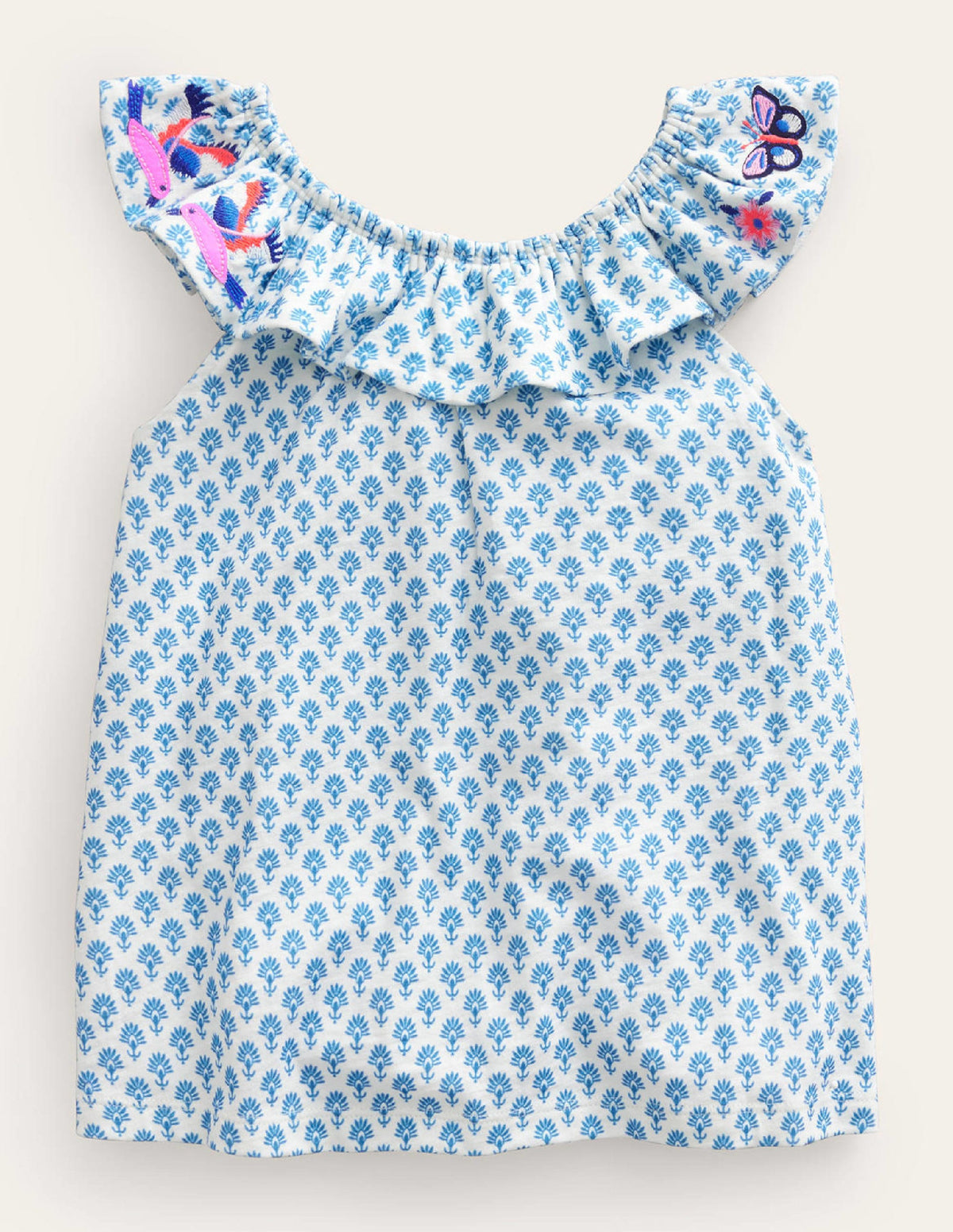 Frill Embroidered Top-Blue Woodblock Butterflies-2