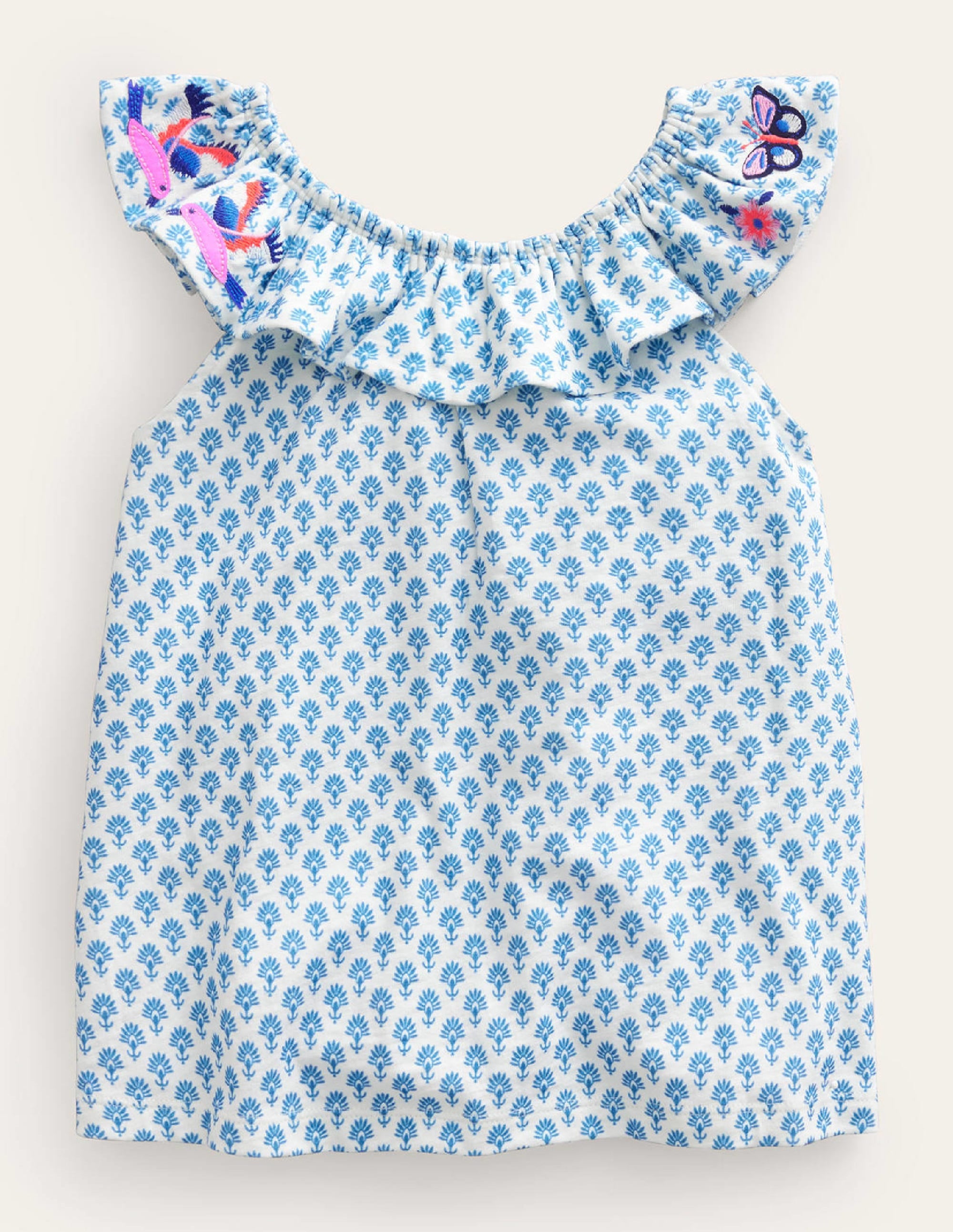 Frill Embroidered Top-Blue Woodblock Butterflies - Image 2