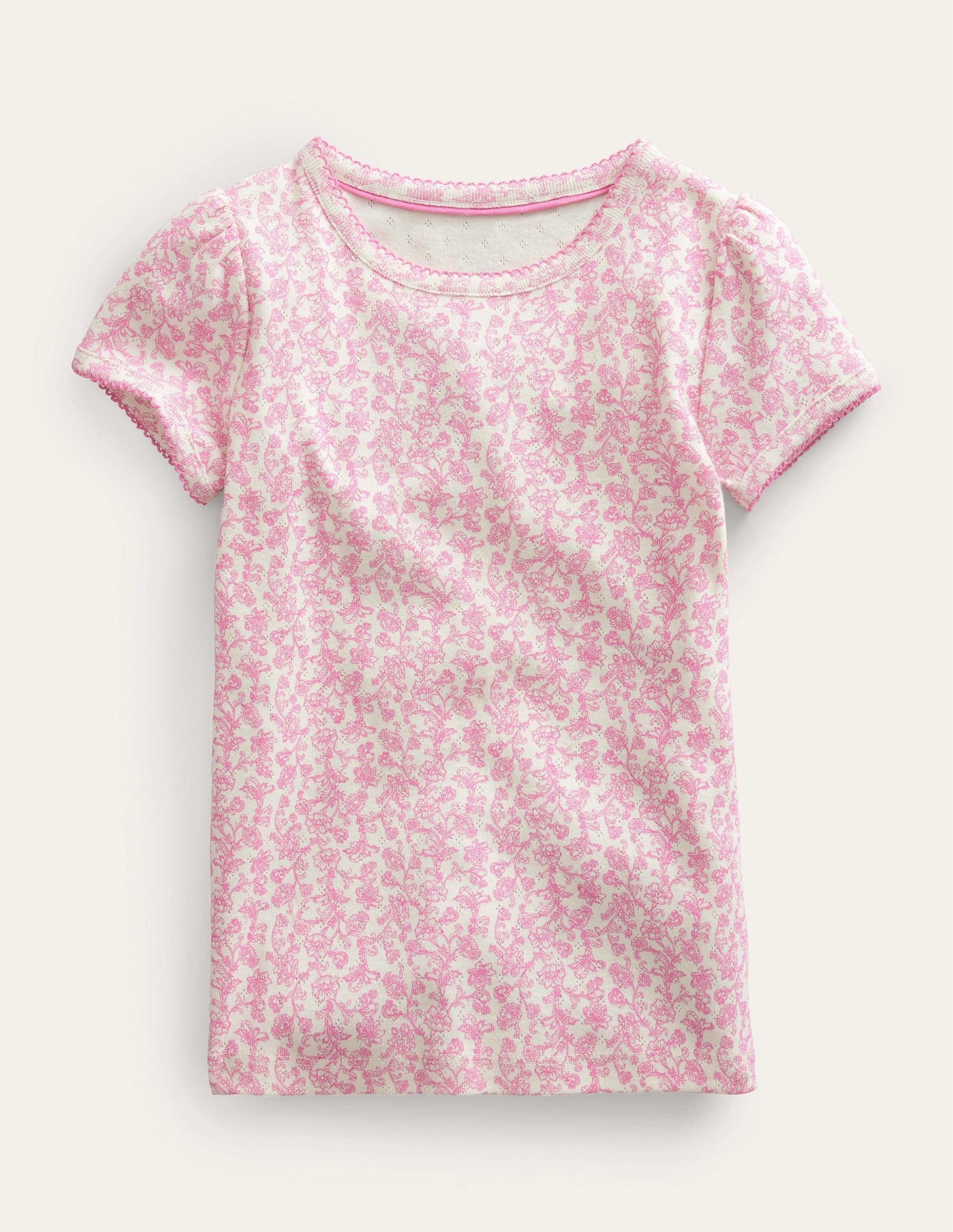 Short-sleeved Pointelle Top-Pink Paisley Floral-1