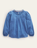 Scallop Detail Long Sleeve Top-Delft Blue