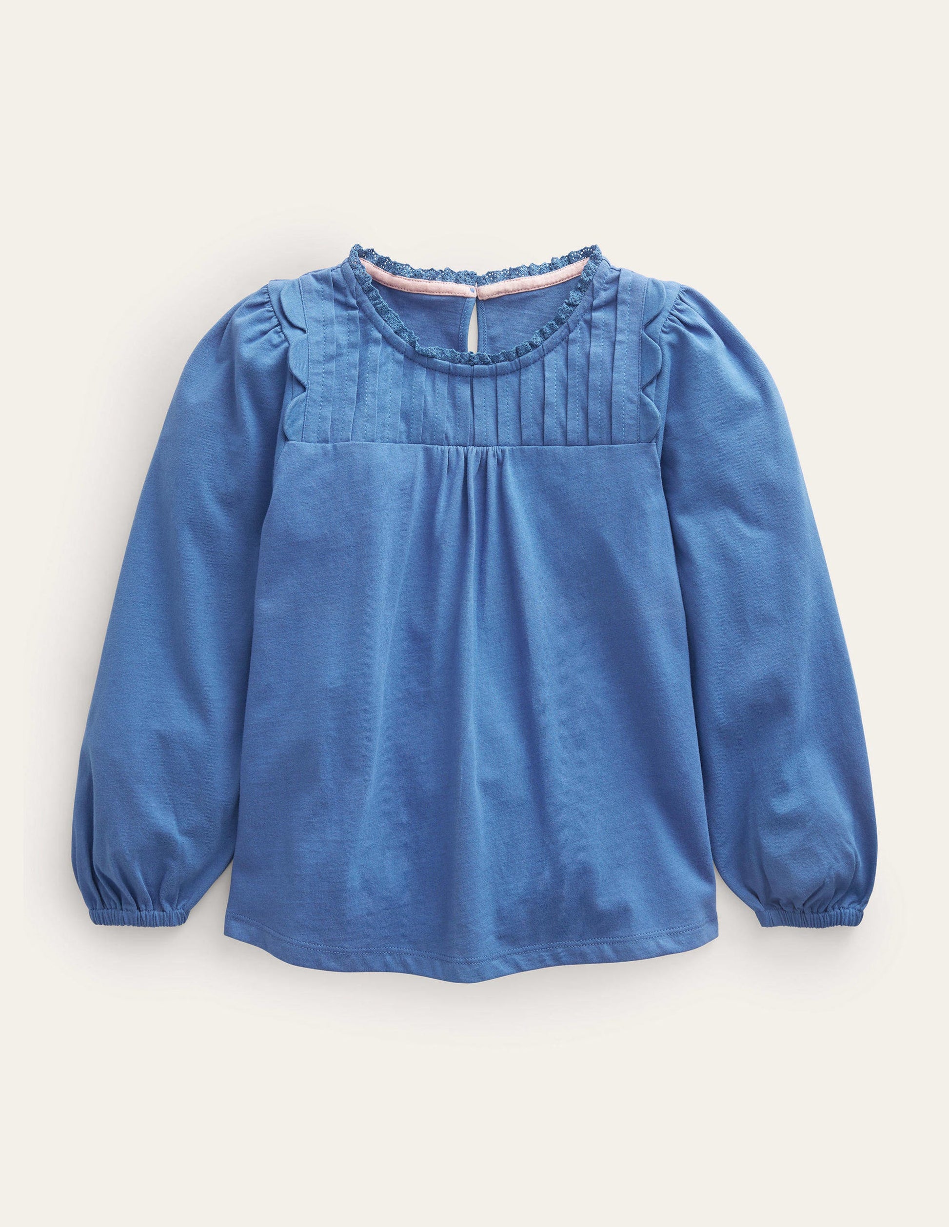 Scallop Detail Long Sleeve Top-Delft Blue-1