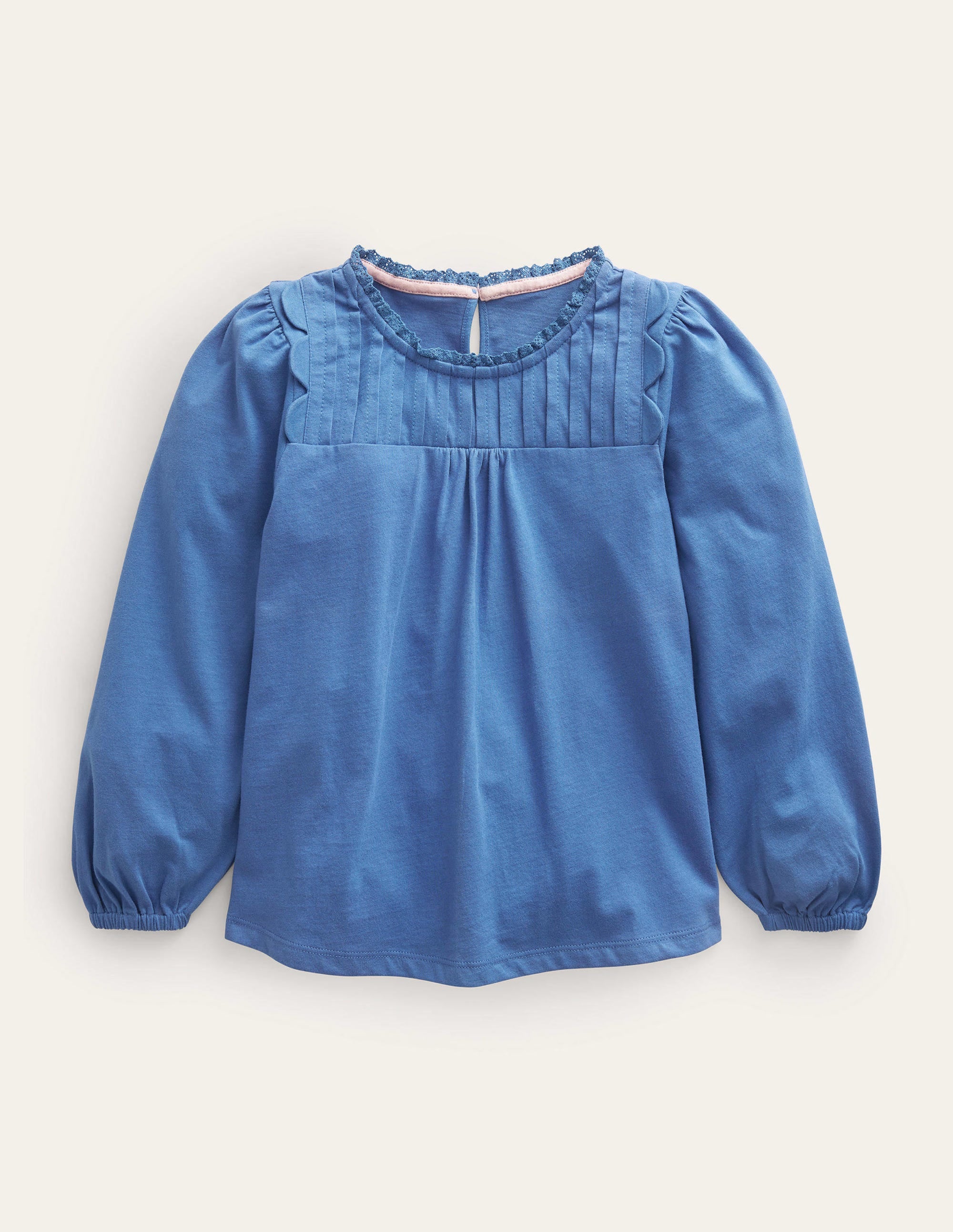 Scallop Detail Long Sleeve Top-Delft Blue - Image 1
