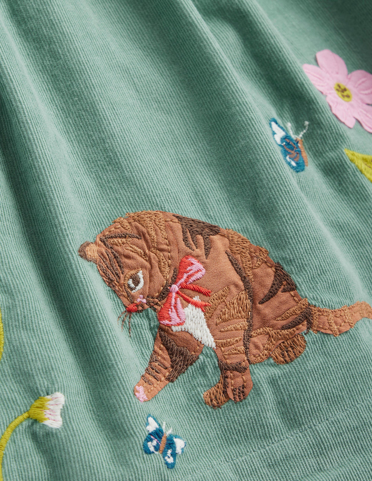 Cord Applique Pinafore-Green Smoke Cats-3
