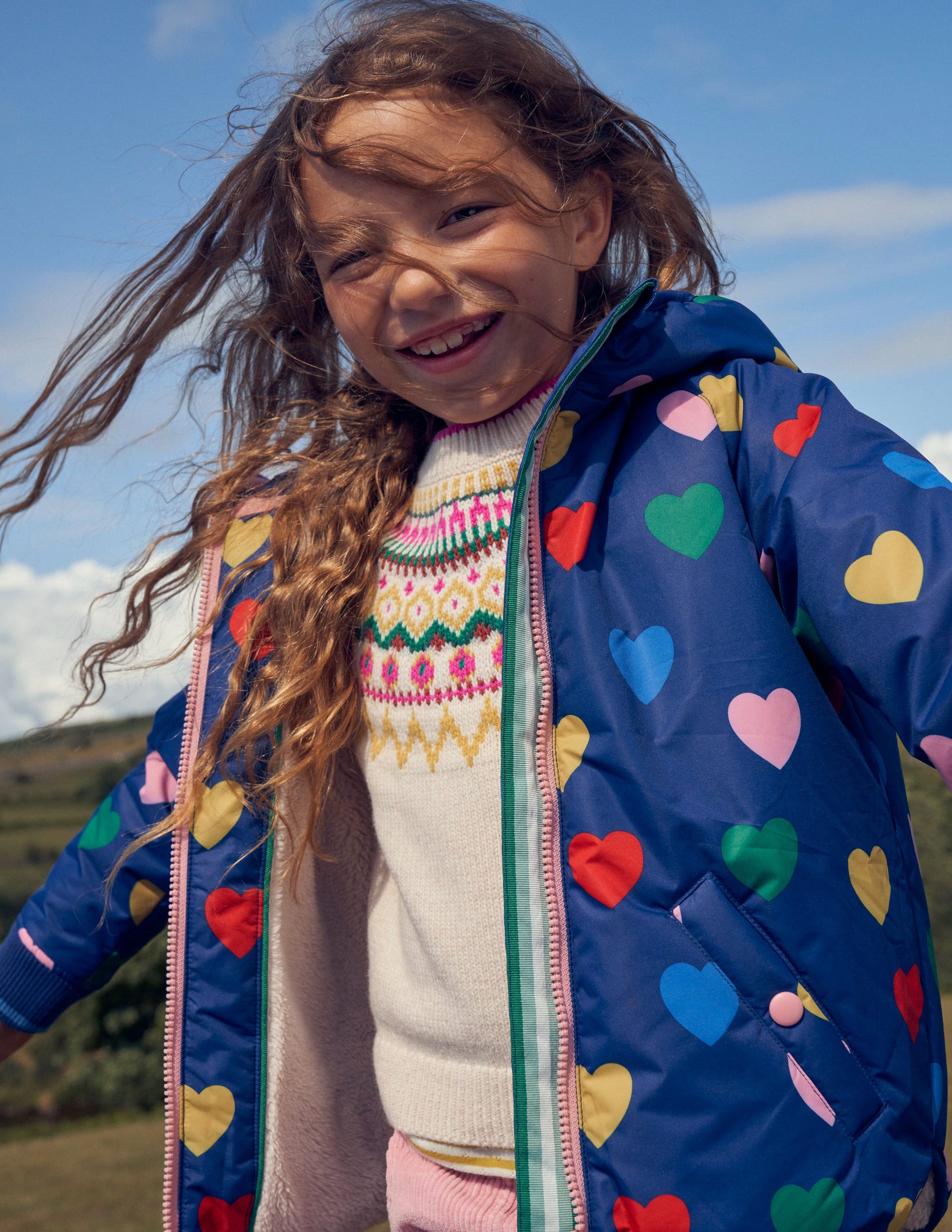 Printed Sherpa Lined Anorak-Navy Hearts-5