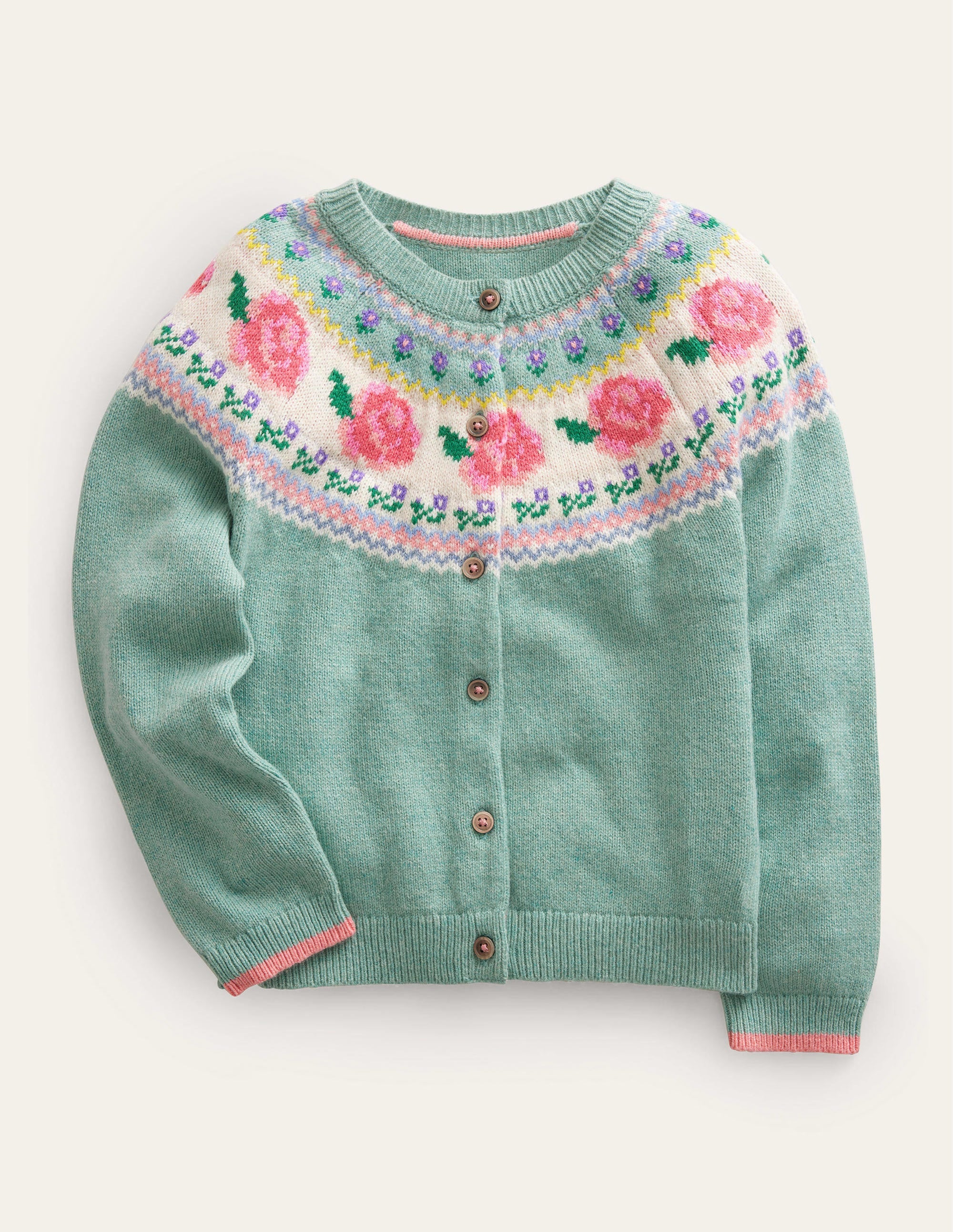 Fun Fair Isle Cardigan-Green Smoke Flowers - Image 1