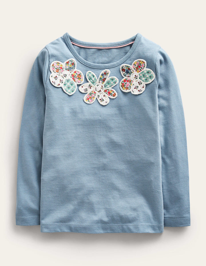 3D Appliqué T-Shirt-Pebble Blue Flowers