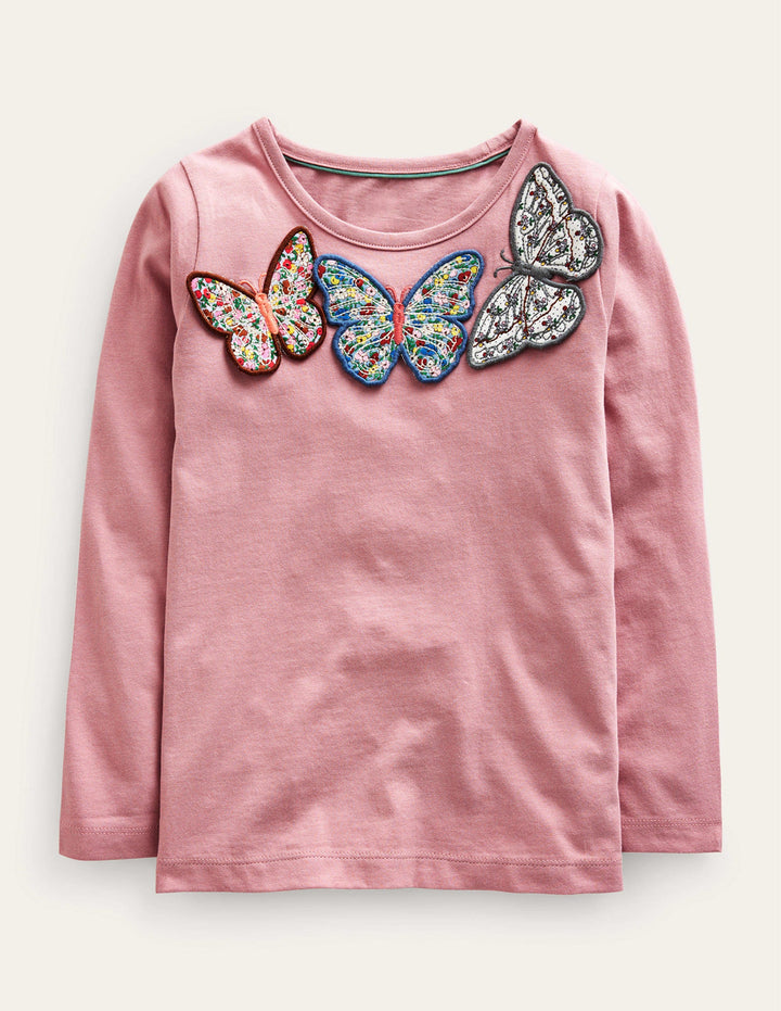 3D Appliqué T-Shirt-Almond Pink Butterflies