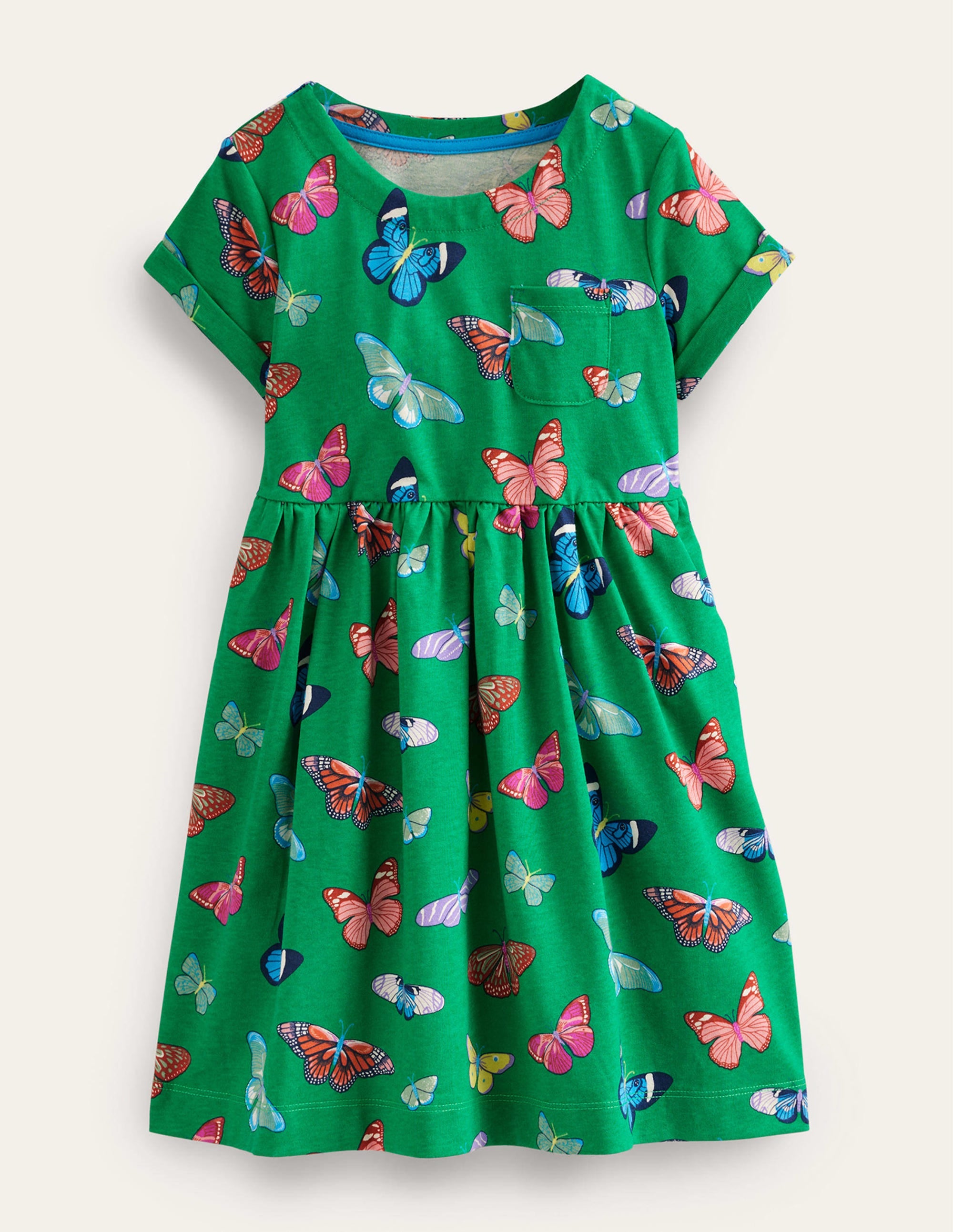 Short-sleeved Fun Jersey Dress-Meadow Green Butterflies - Image 1