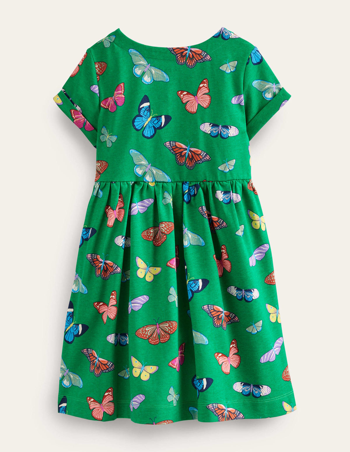 Short-sleeved Fun Jersey Dress-Meadow Green Butterflies-2