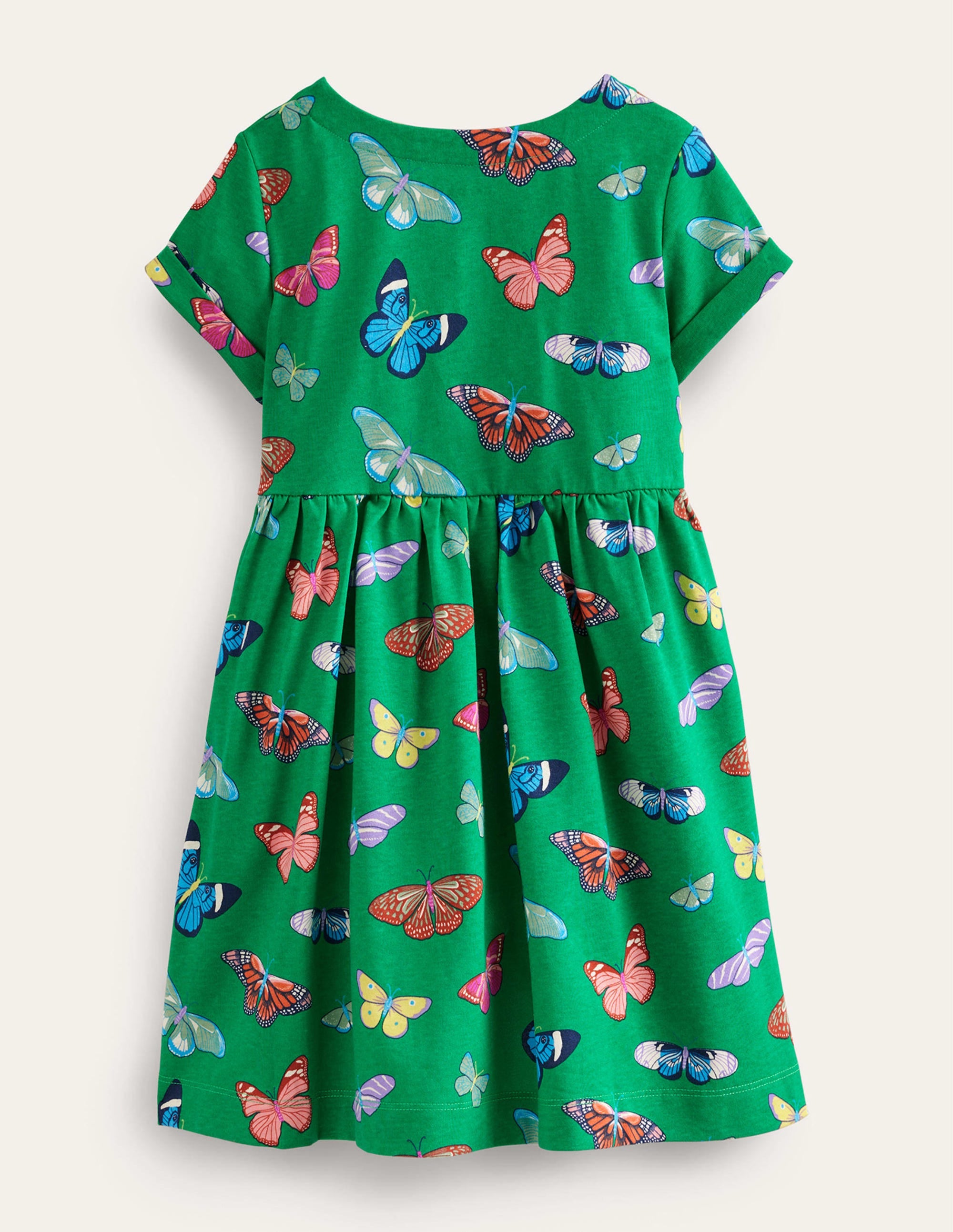 Short-sleeved Fun Jersey Dress-Meadow Green Butterflies - Image 2