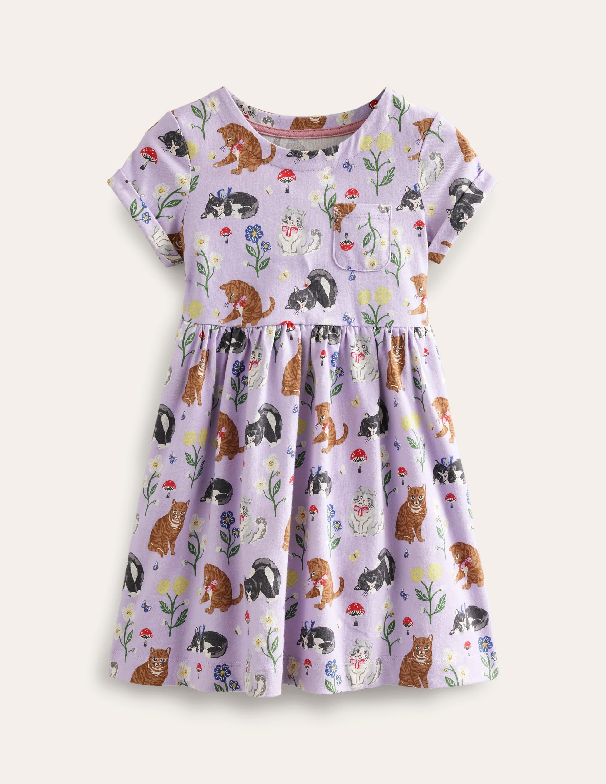 Short-sleeved Fun Jersey Dress-Light Purple Cats - Image 1