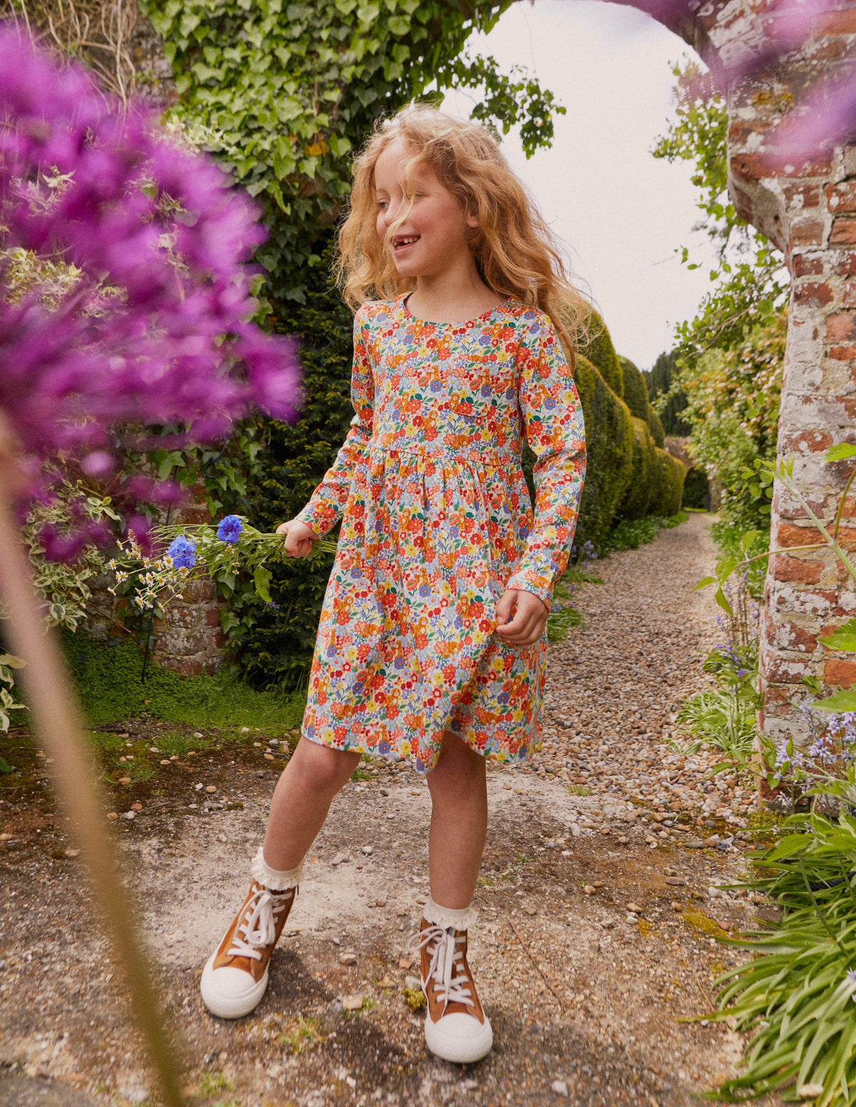 Long Sleeve Fun Jersey Dress-Multi Pups Floral-4