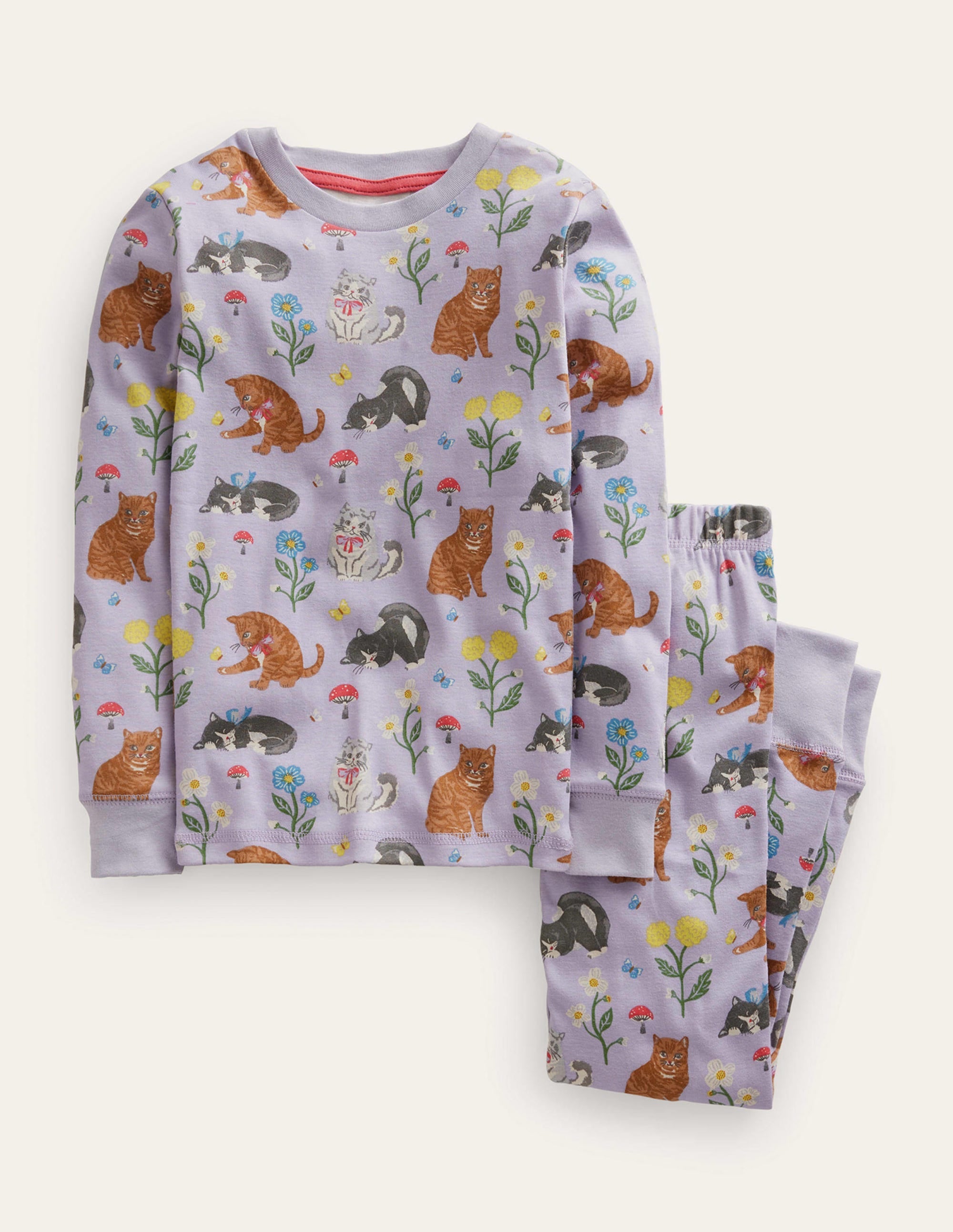 Snug Long John Pyjamas-Light Purple Cats - Image 1