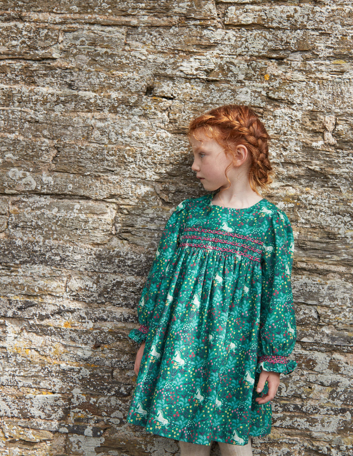 Cord Smocked Dress-Deep Green Unicorn Meadow-4