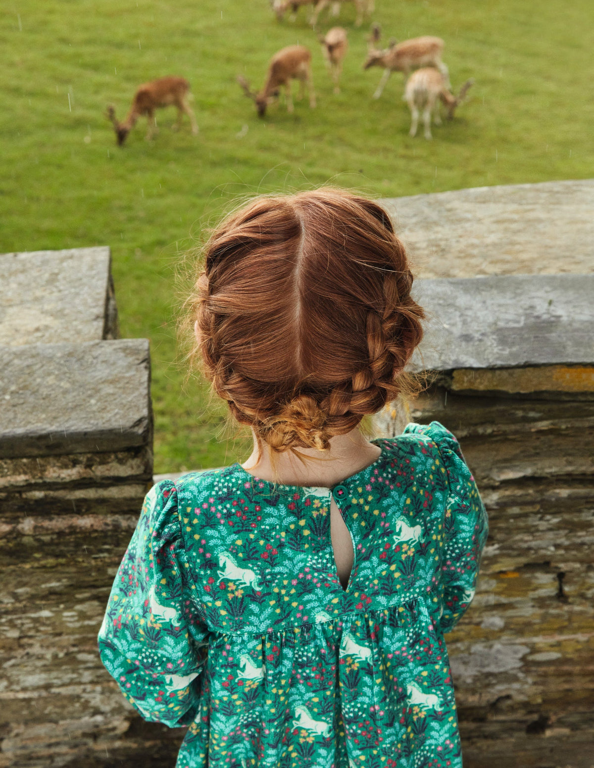 Cord Smocked Dress-Deep Green Unicorn Meadow-5