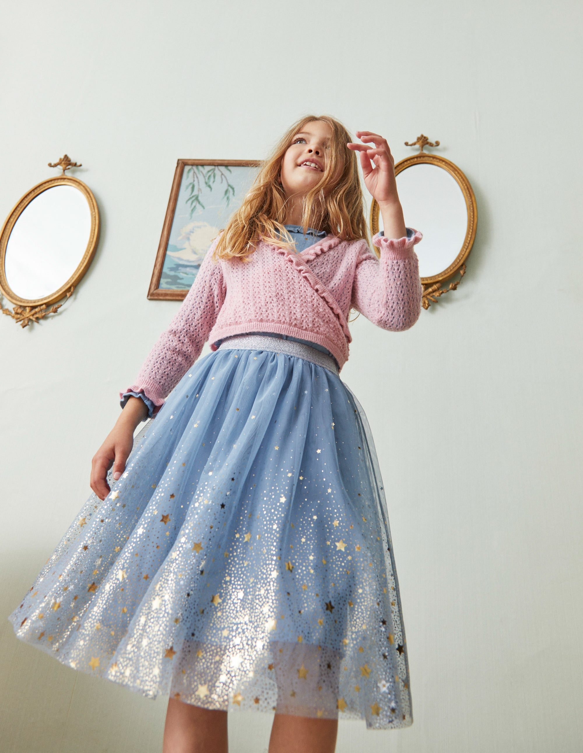 Metallic Ombre Tulle Skirt-Pebble Blue / Gold Ombre Stars - Image 4
