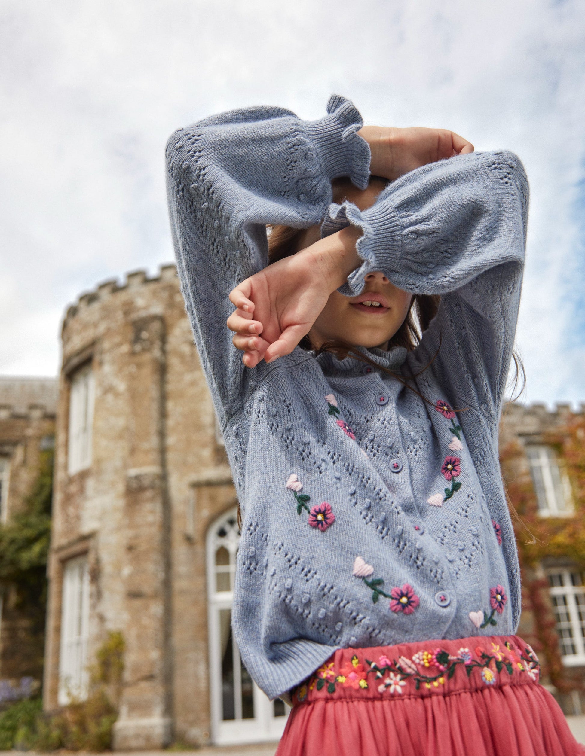 Embroidered Frill Cardigan-Pebble Blue-4