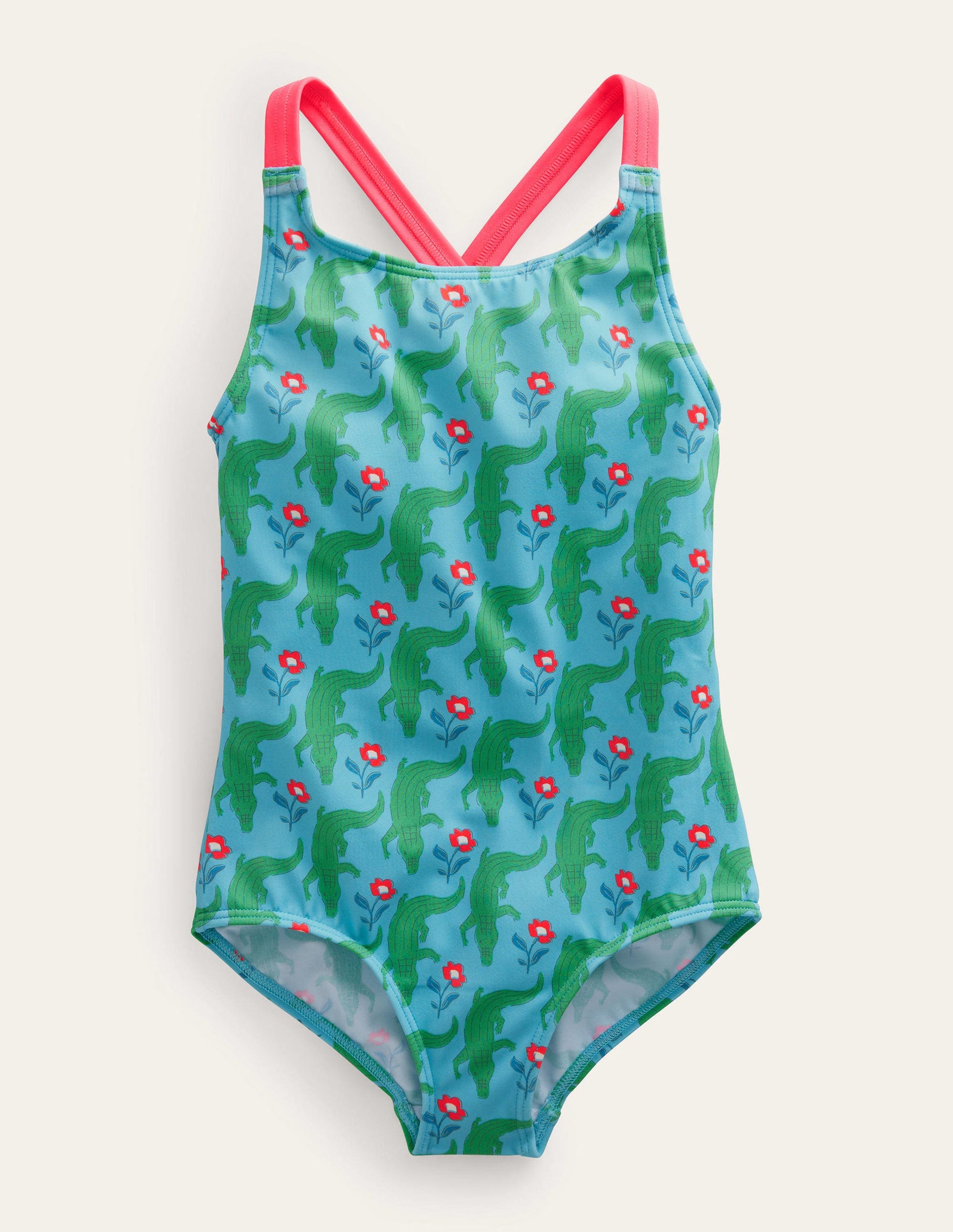 Cross-back Printed Swimsuit-Aqua Crocodile Woodblock-1