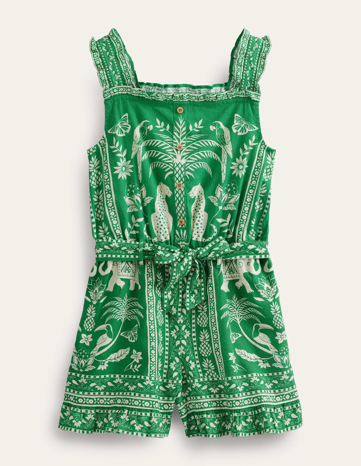 Linen-Cotton Ruffle Playsuit-Rich Emerald Goa - Image 1
