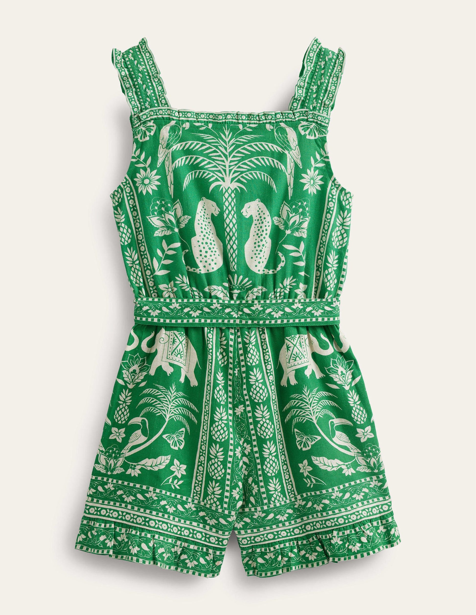 Linen-Cotton Ruffle Playsuit-Rich Emerald Goa-2