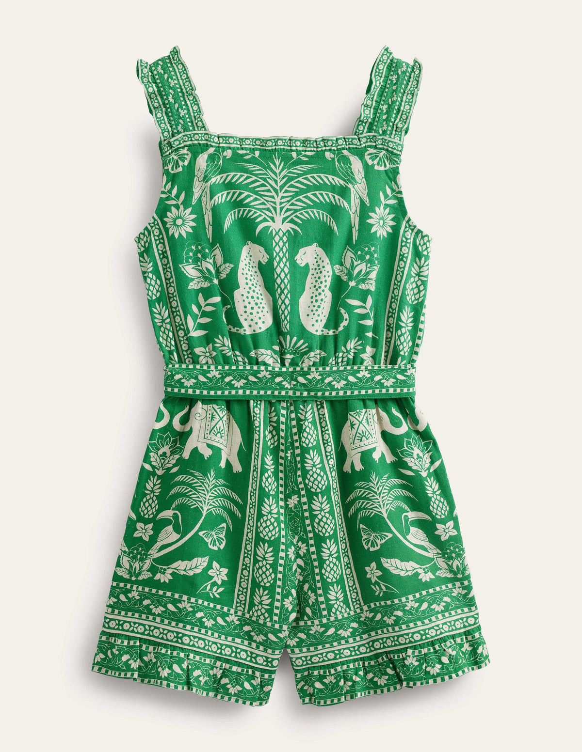 Linen-Cotton Ruffle Playsuit-Rich Emerald Goa - Image 2
