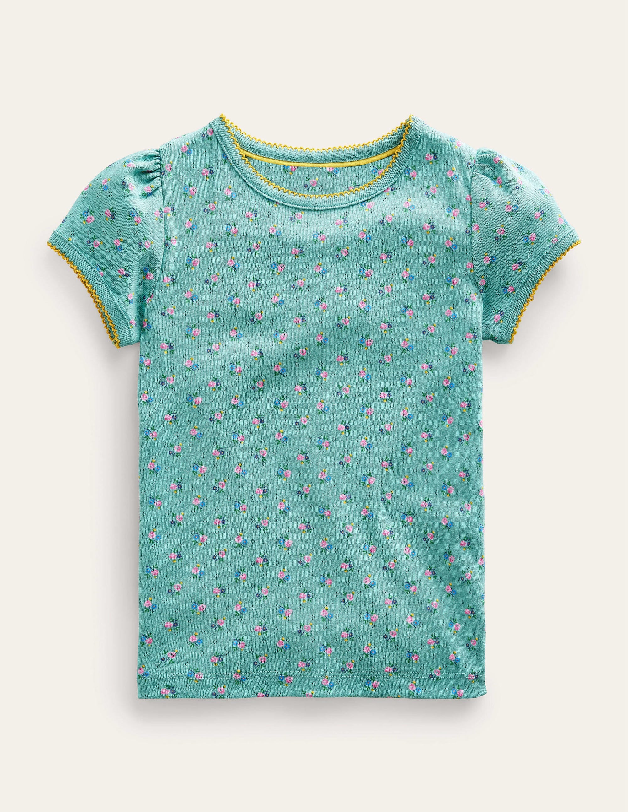 Short-Sleeved Pointelle Top-Hot Spring Blue Floral - Image 1