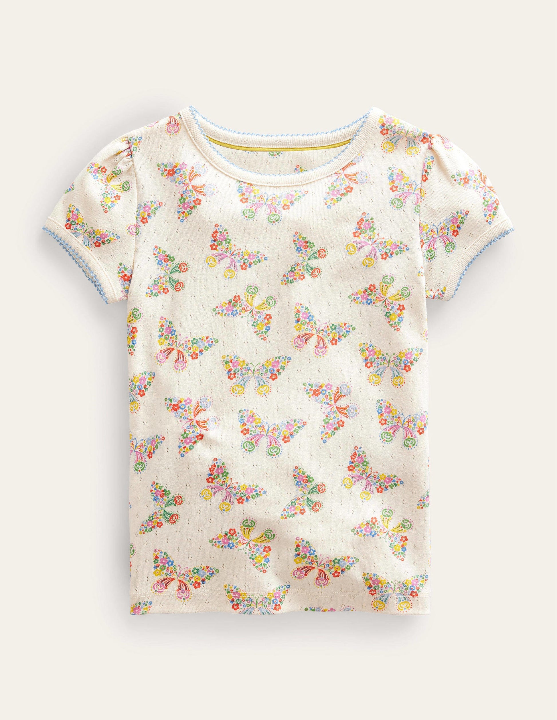 Short-Sleeved Pointelle Top-Vanilla Pod Butterflies-1