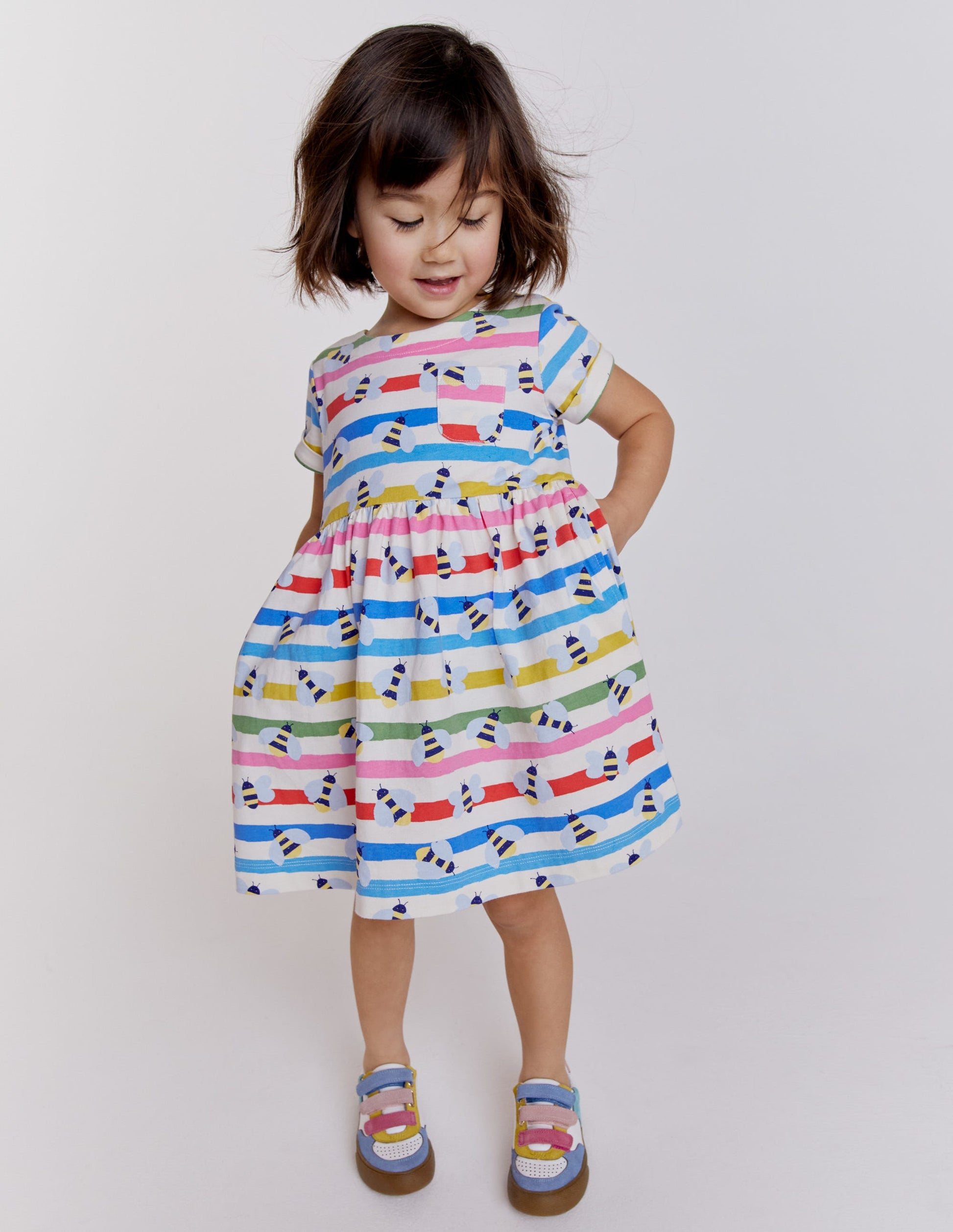 Short Sleeve Fun Jersey Dress-Multi Stripe Bee-4