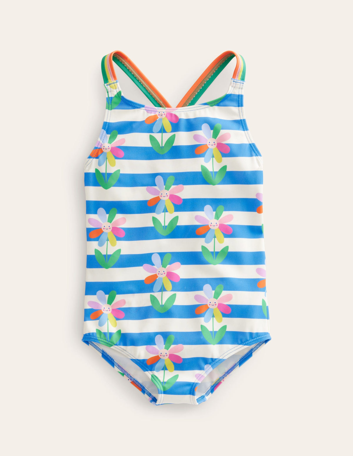 Cross-back Printed Swimsuit-Cabana Blue Daisy Stripe - Image 1