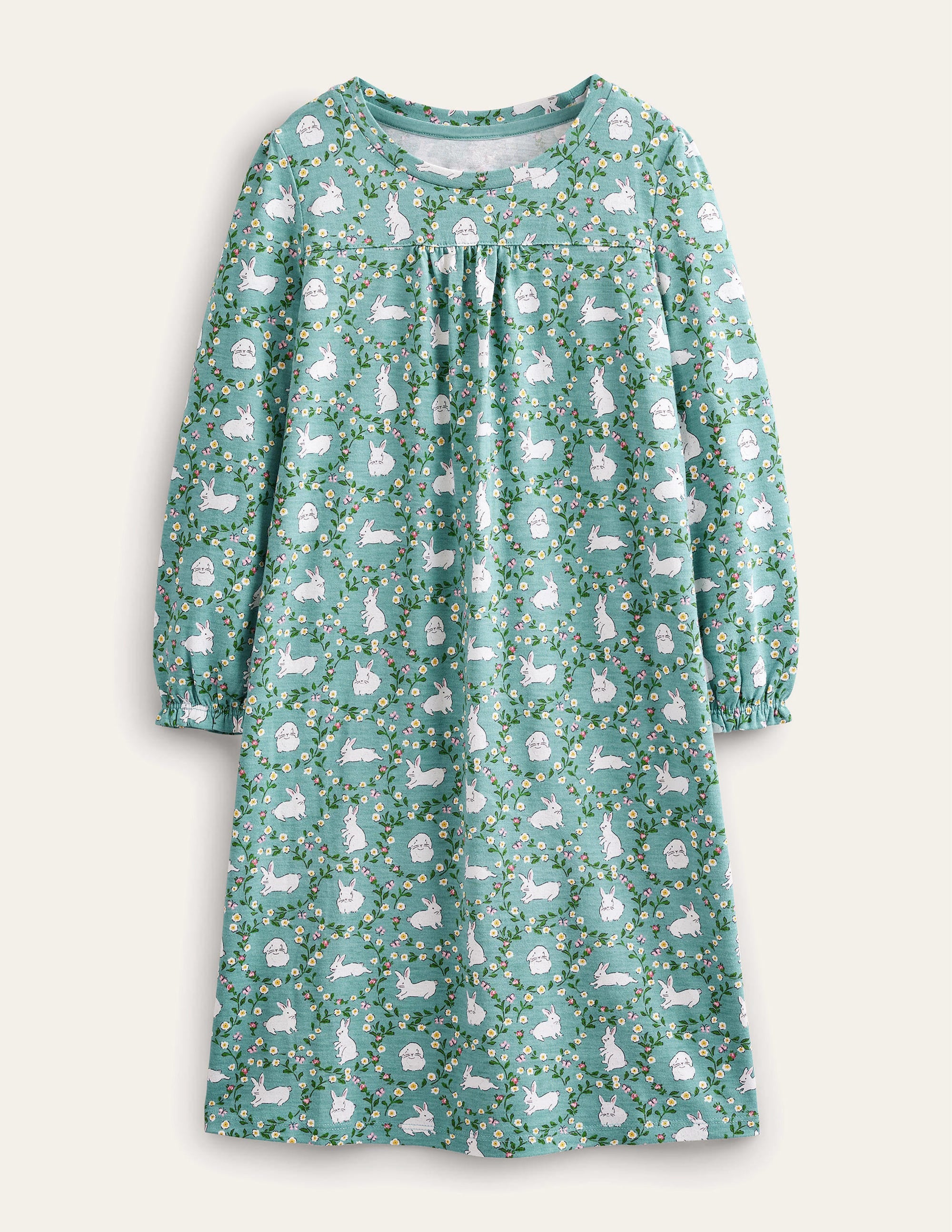 Printed Long-sleeved Nightie-Hot Spring Blue Bunnies - Image 1