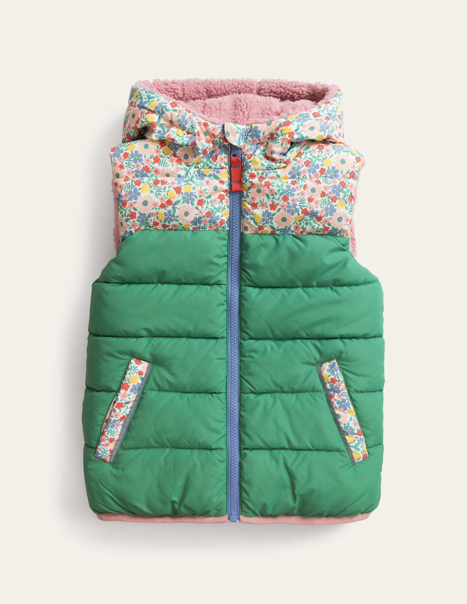 Borg Mix Reversible Gilet-Deep Grass Green Floral-1