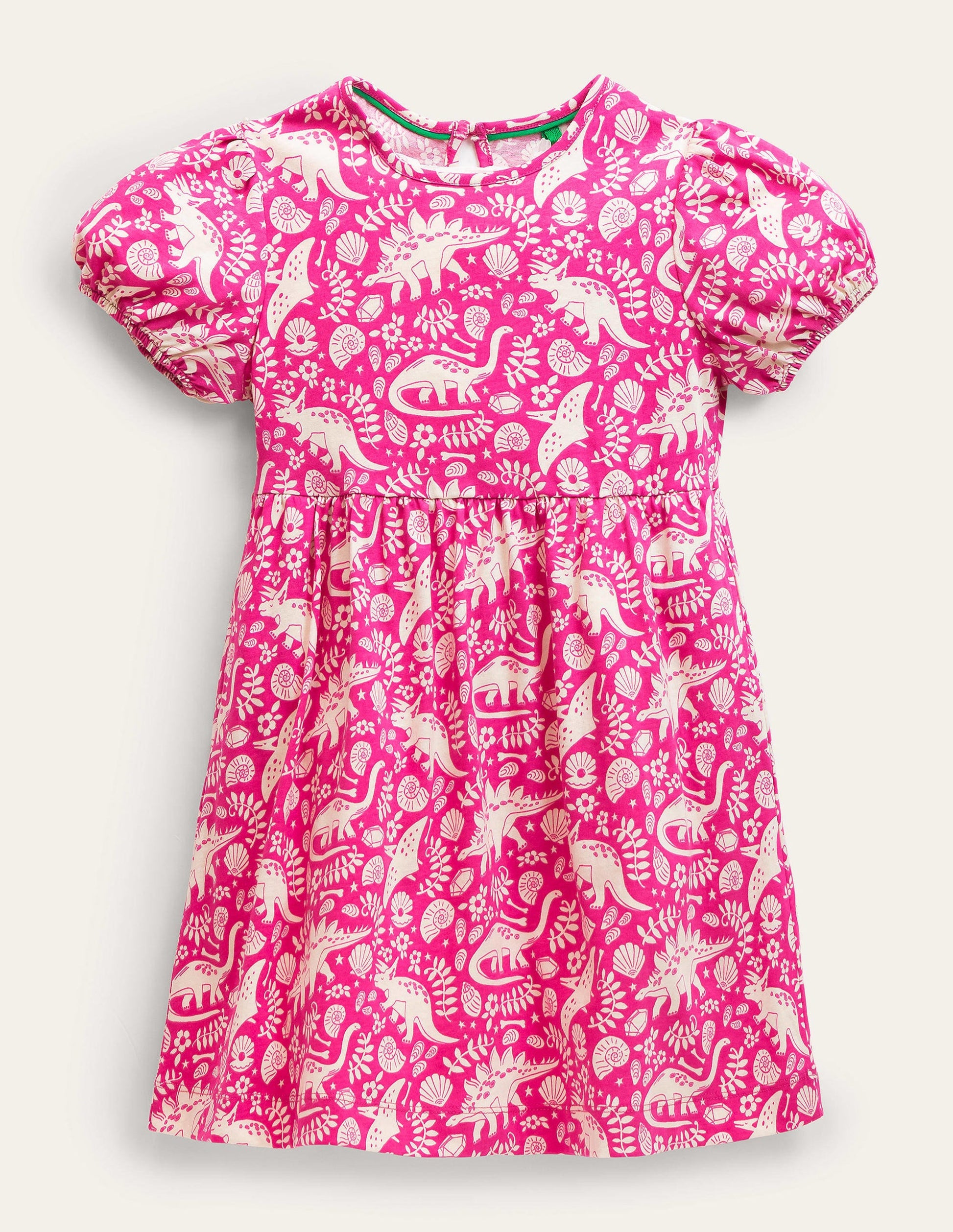 Puff Sleeve Jersey Dress-Tickled Pink Dinosaur Toile-1